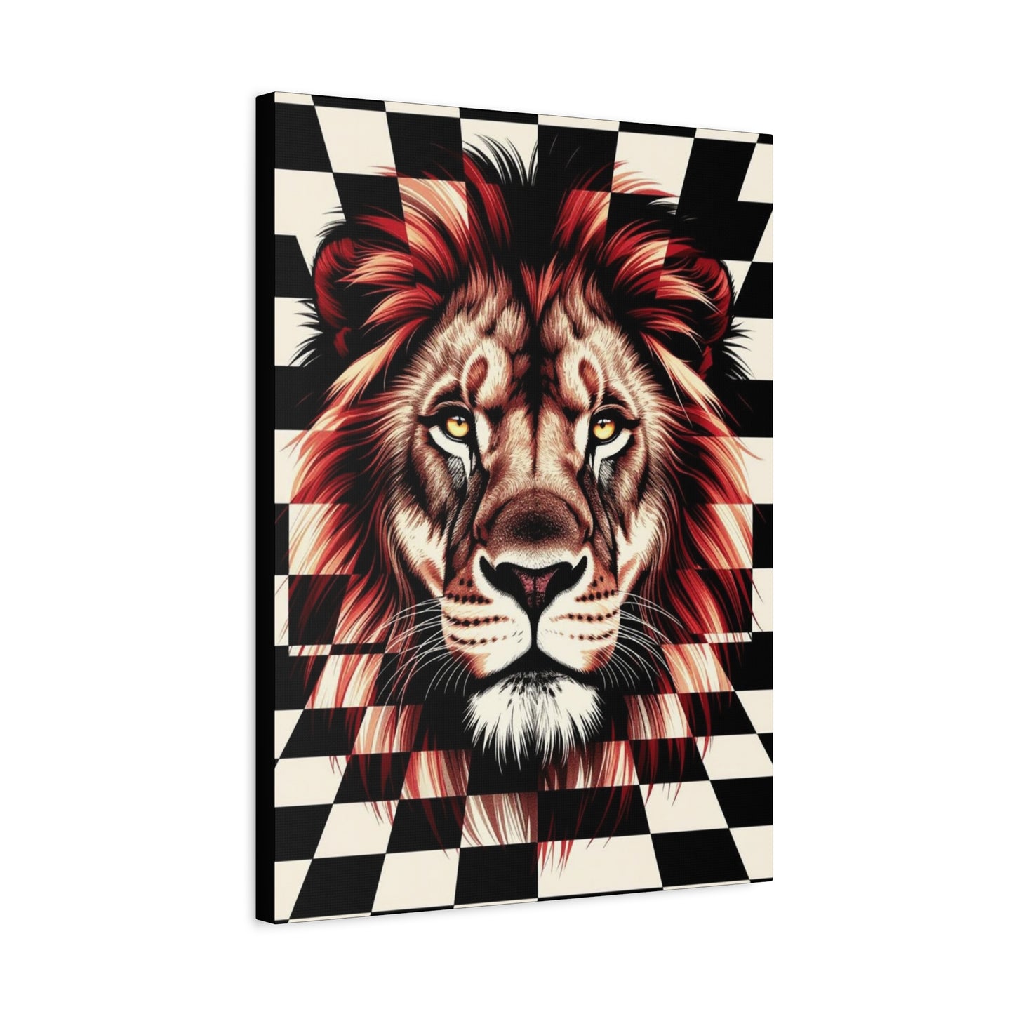Lion Canvas Wall Art - Red Mane Checkered Design (8”-60” Sizes) Canvas Print
