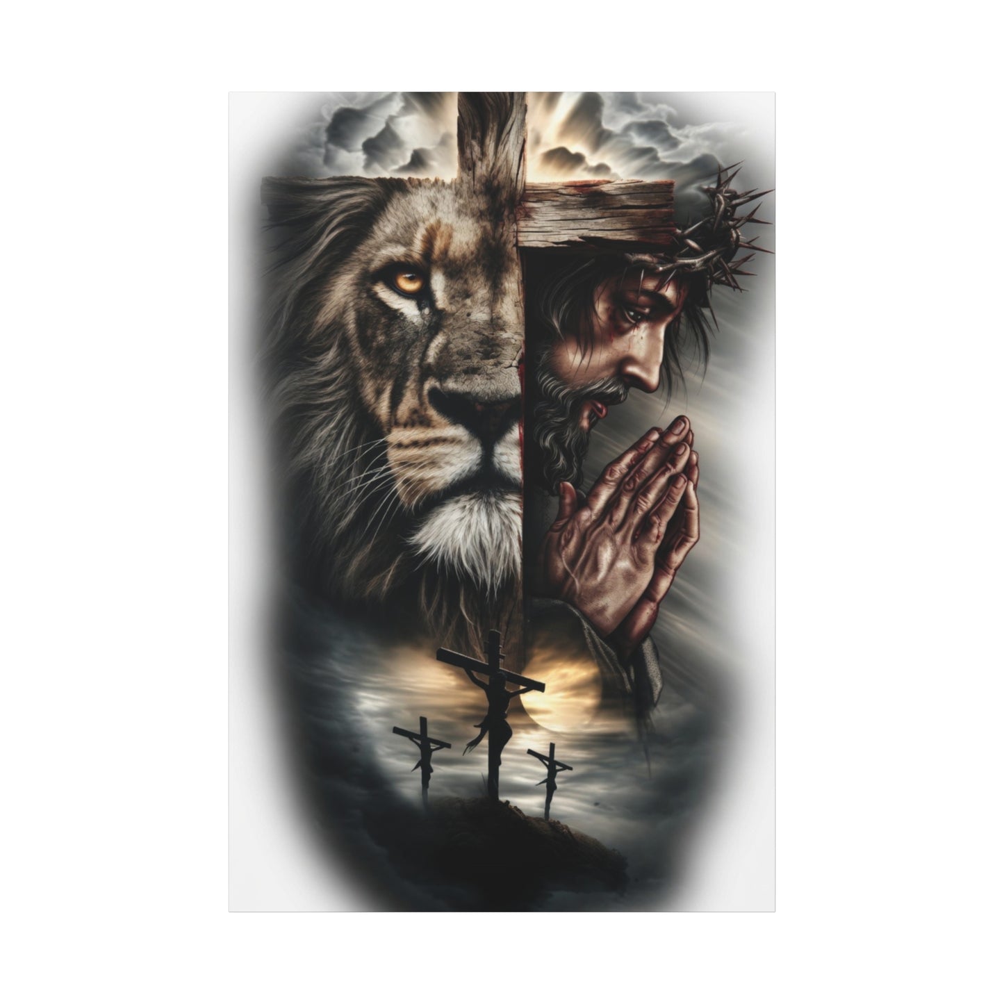 Christian Lion of Judah Canvas Wall Art – Jesus Praying Cross Triptych Matte Stretched