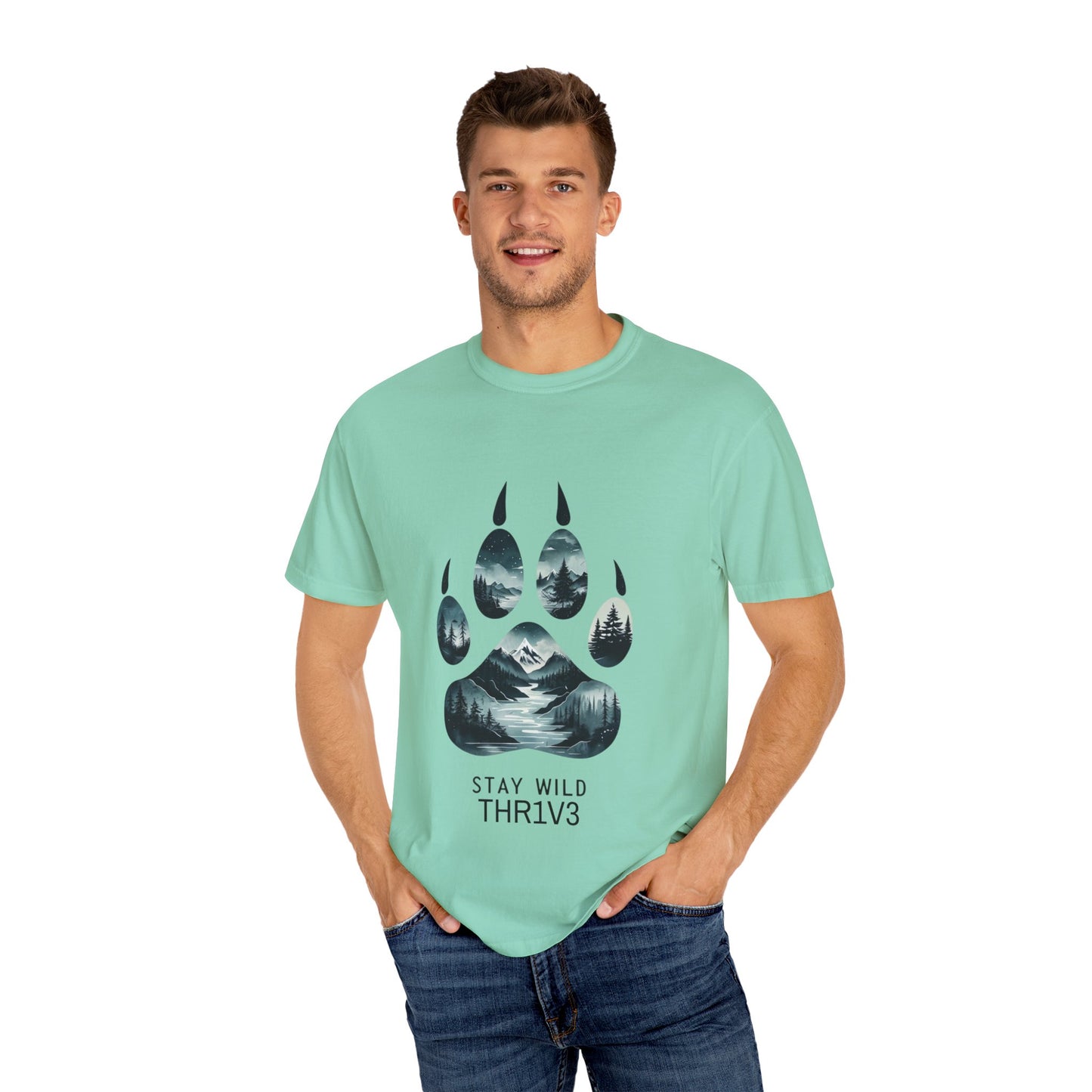 Mystic Wolf Paw Wilderness T-shirt -Night Landscape Graphic Tee, Nature Adventure Apparel for Hikers & Outdoor Lovers - Ethereal Mountain Print