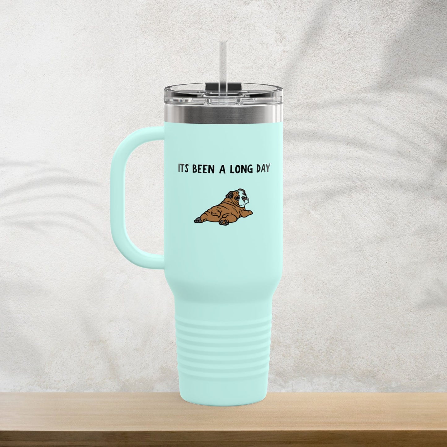 “It’s Been a Long Day” Tired Bulldog 40oz Travel Mug – Cute Funny Puppy Design for Coffee Lovers