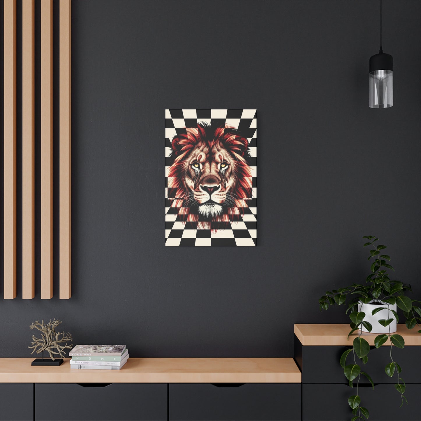 Lion Canvas Wall Art - Red Mane Checkered Design (8”-60” Sizes) Canvas Print