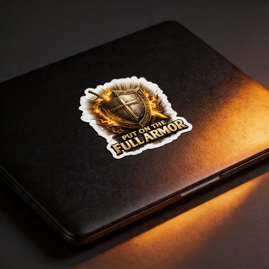 Die-Cut Sticker — “Put On The Full Armor” Christian Shield & Sword Faith Sticker