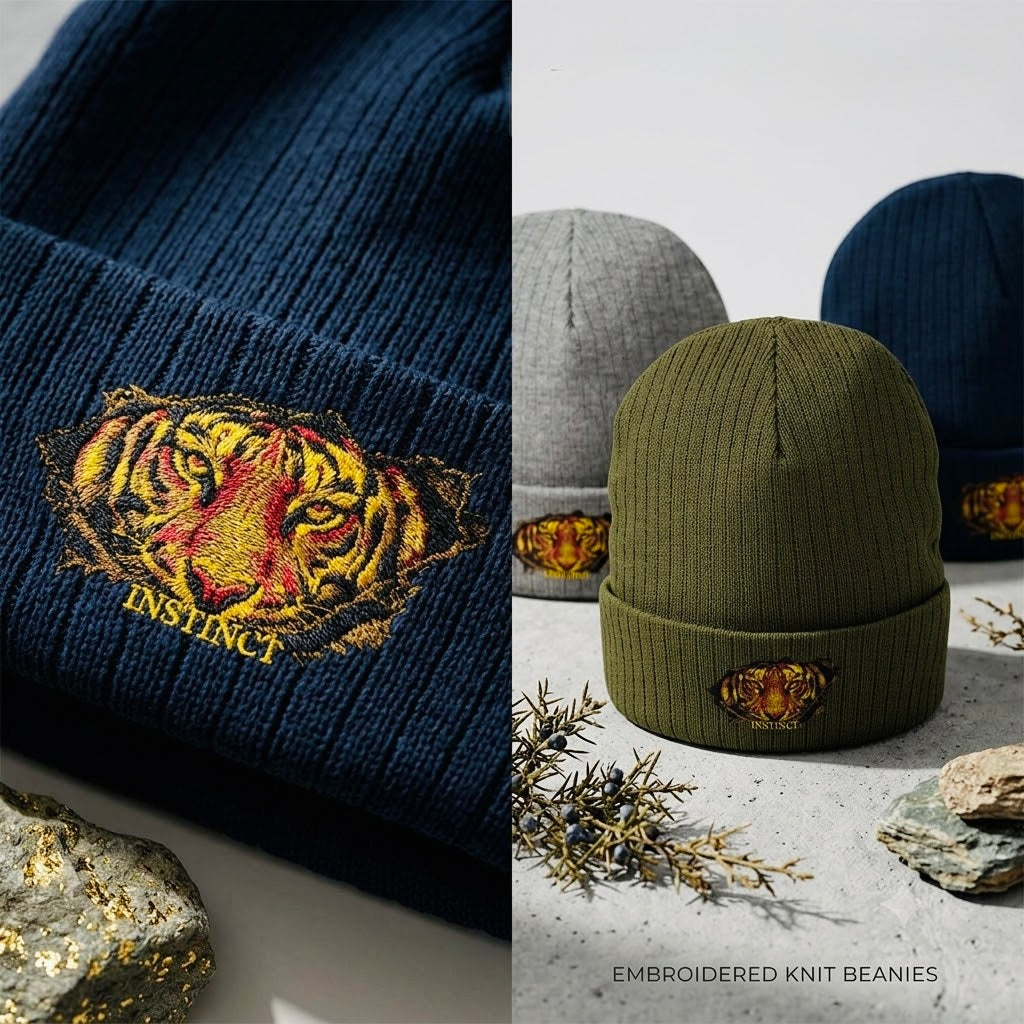 Embroidered Lion Crest Ribbed Beanie