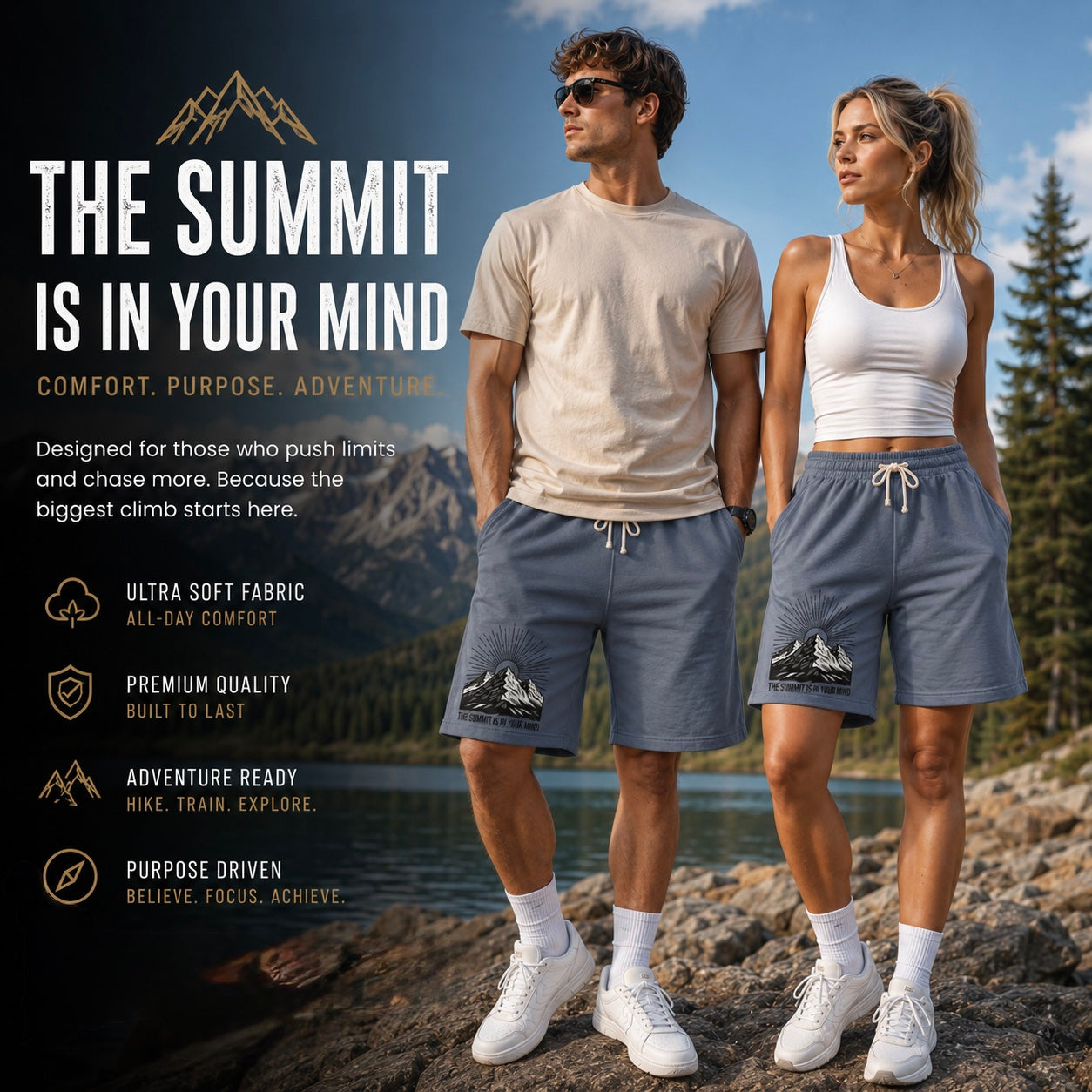 Mountain Sunrise Sweat Shorts — "The Summit Is In Your Mind"
