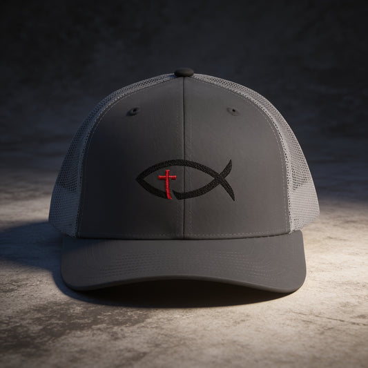 Christian Ichthys Fish Snapback Trucker Cap — Cross Embroidered Faith Hat