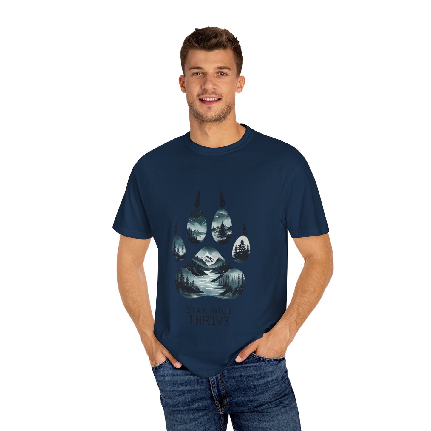 Mystic Wolf Paw Wilderness T-shirt -Night Landscape Graphic Tee, Nature Adventure Apparel for Hikers & Outdoor Lovers - Ethereal Mountain Print