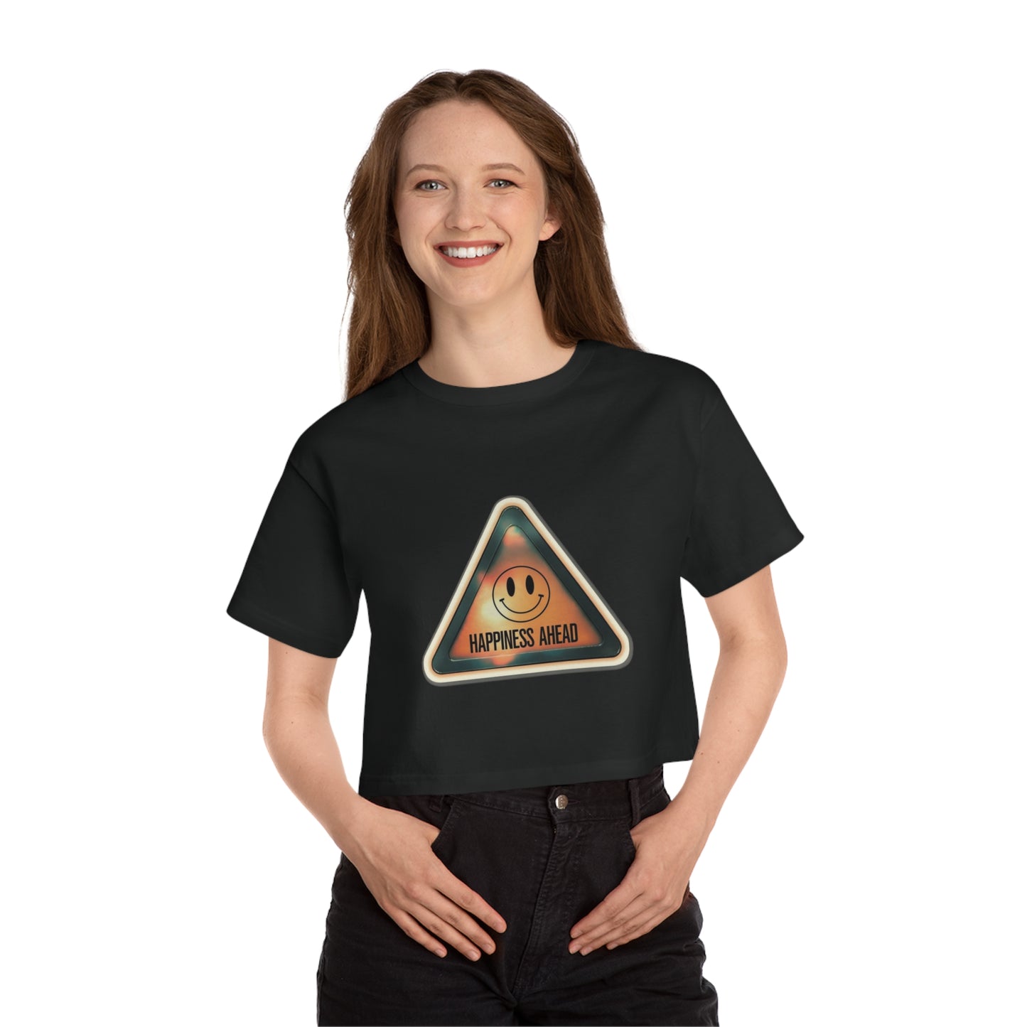 Cropped T-Shirt with Happiness Ahead Design, Casual Top, Everyday Wear, Gift for Friends, Positive Vibes