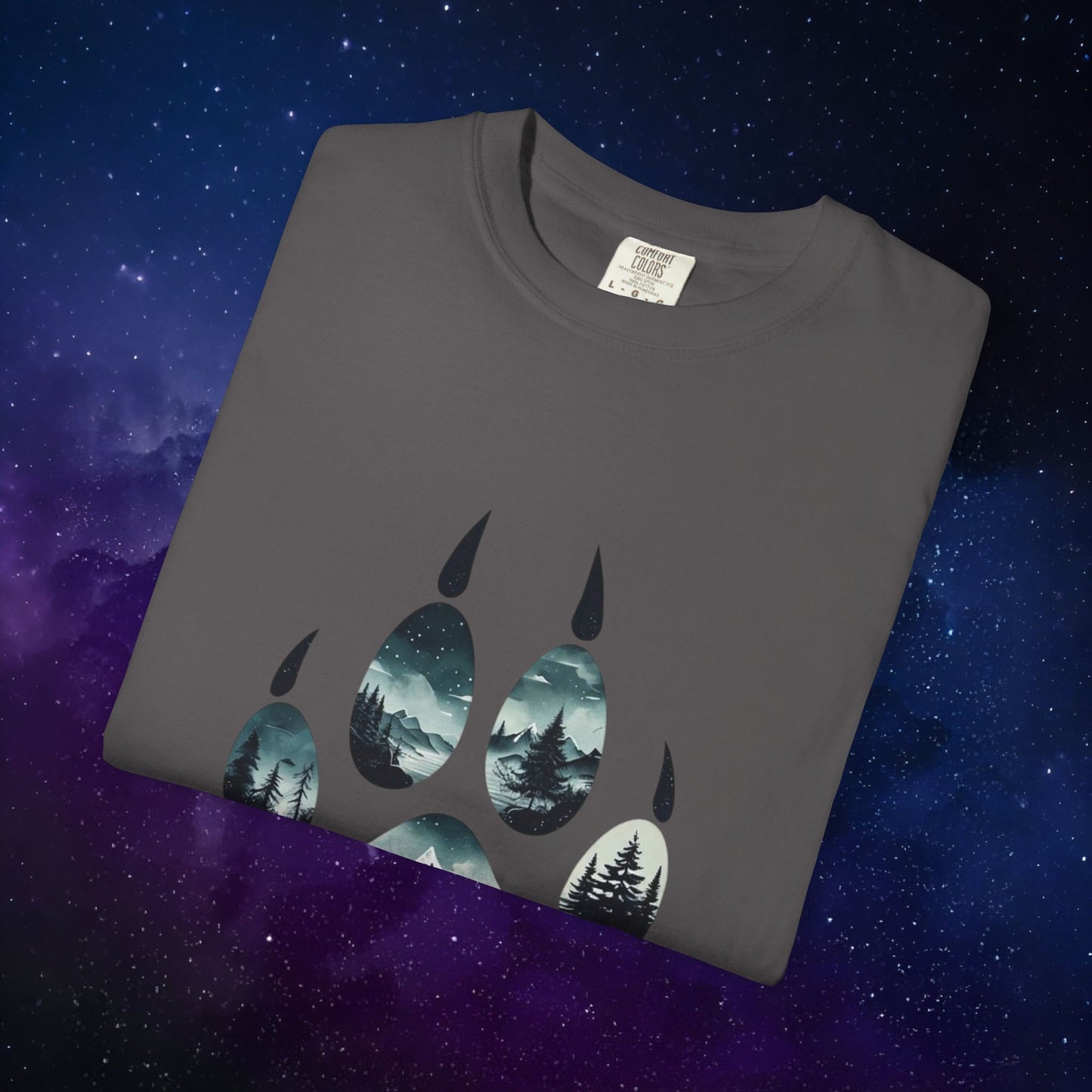 Mystic Wolf Paw Wilderness T-shirt -Night Landscape Graphic Tee, Nature Adventure Apparel for Hikers & Outdoor Lovers - Ethereal Mountain Print