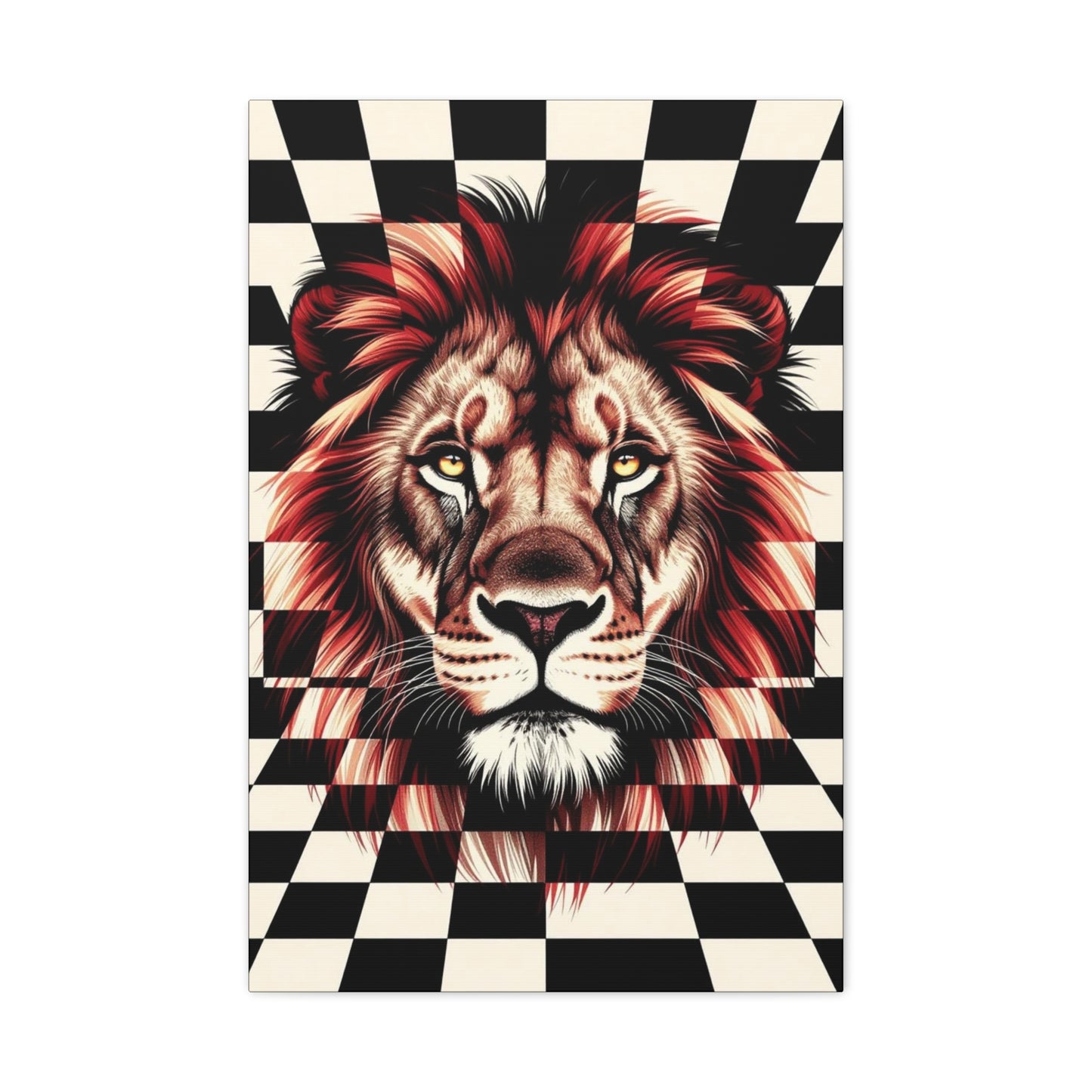Lion Canvas Wall Art - Red Mane Checkered Design (8”-60” Sizes) Canvas Print