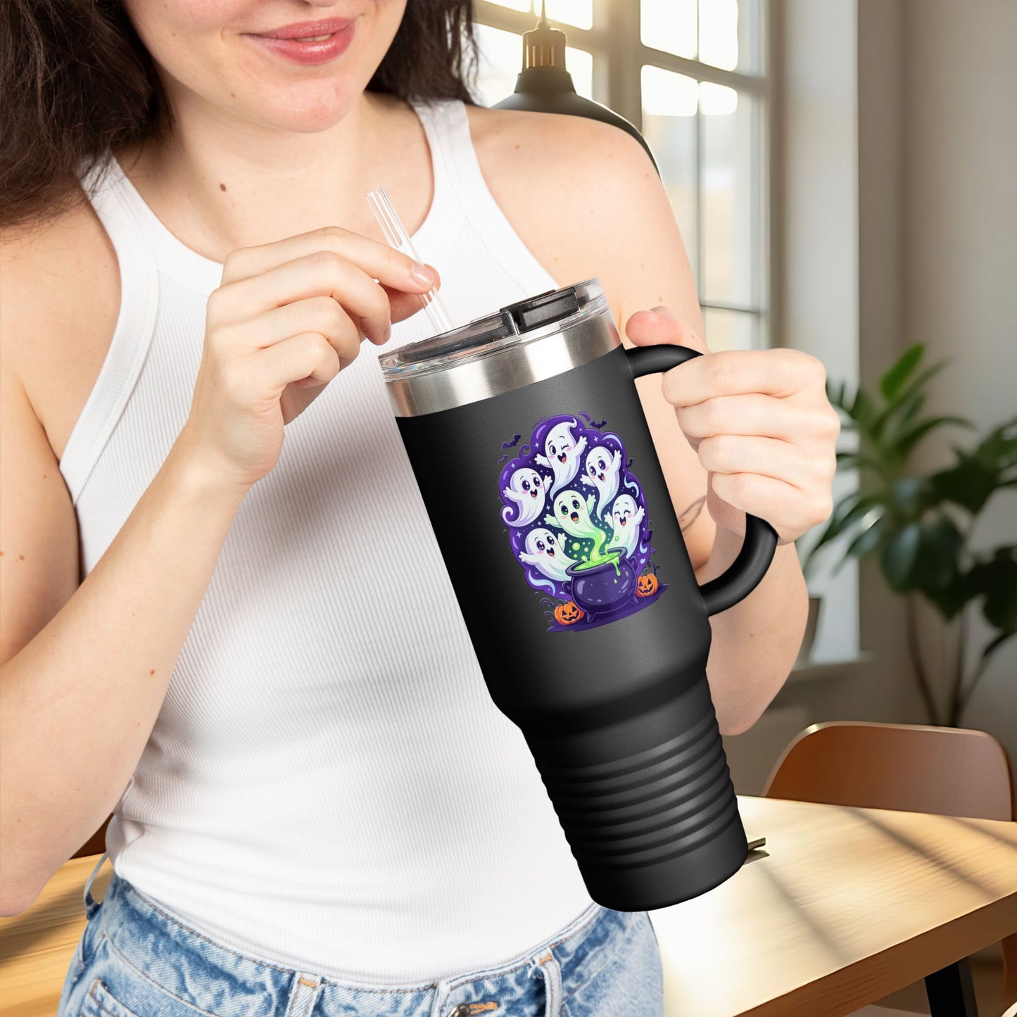 Halloween Travel Mug with Ghost Design, Insulated Coffee Tumbler, Perfect for Fall, Spooky Season Gift, 40oz Mug for Hot or Cold Drinks