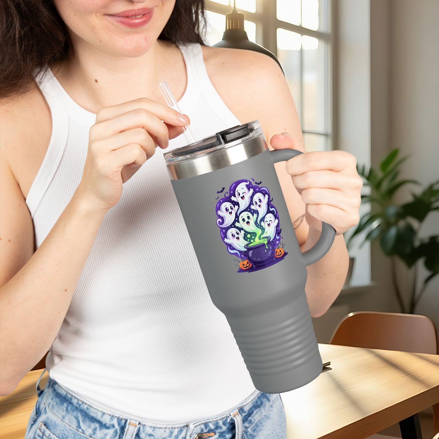 Halloween Travel Mug with Ghost Design, Insulated Coffee Tumbler, Perfect for Fall, Spooky Season Gift, 40oz Mug for Hot or Cold Drinks