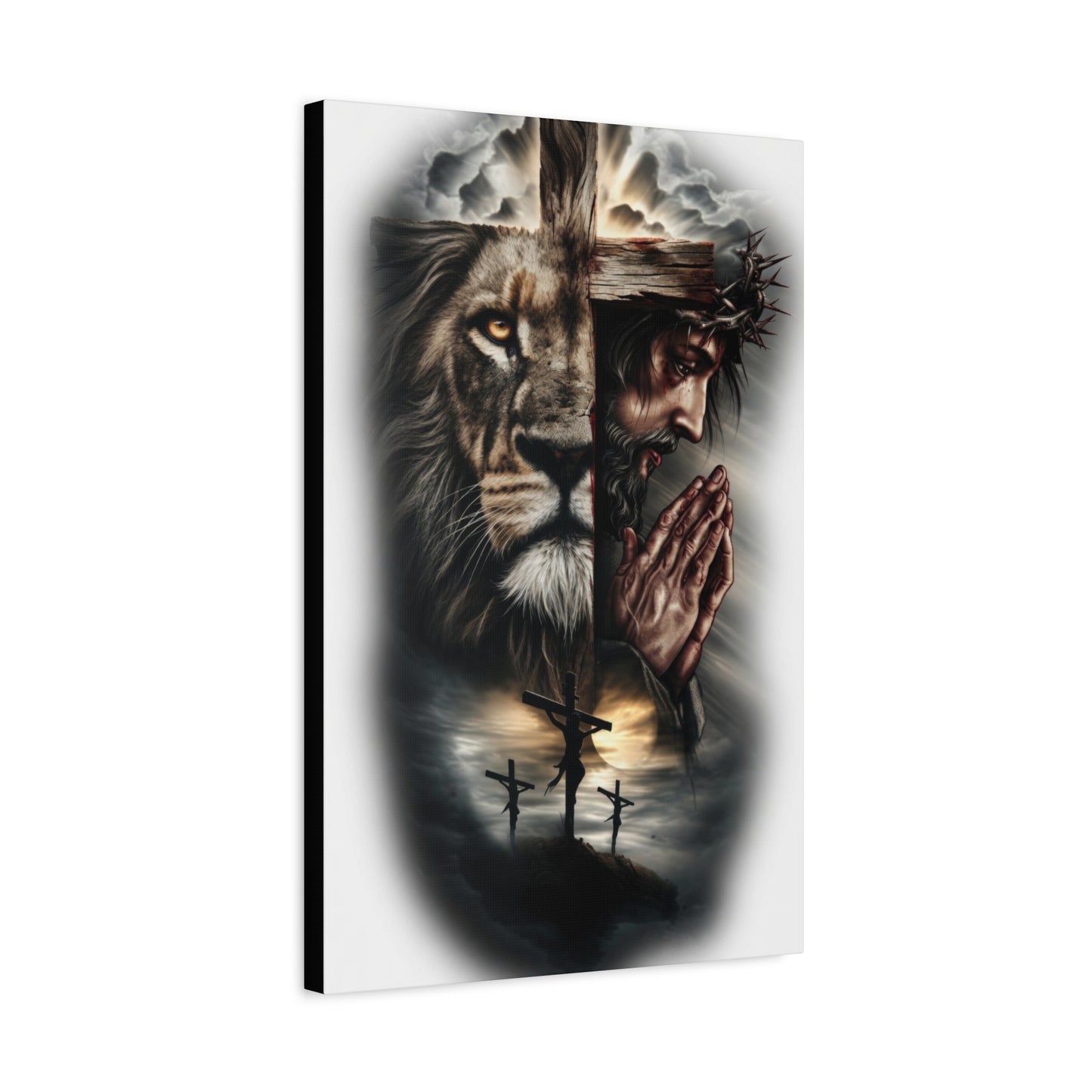 Christian Lion of Judah Canvas Wall Art – Jesus Praying Cross Triptych Matte Stretched