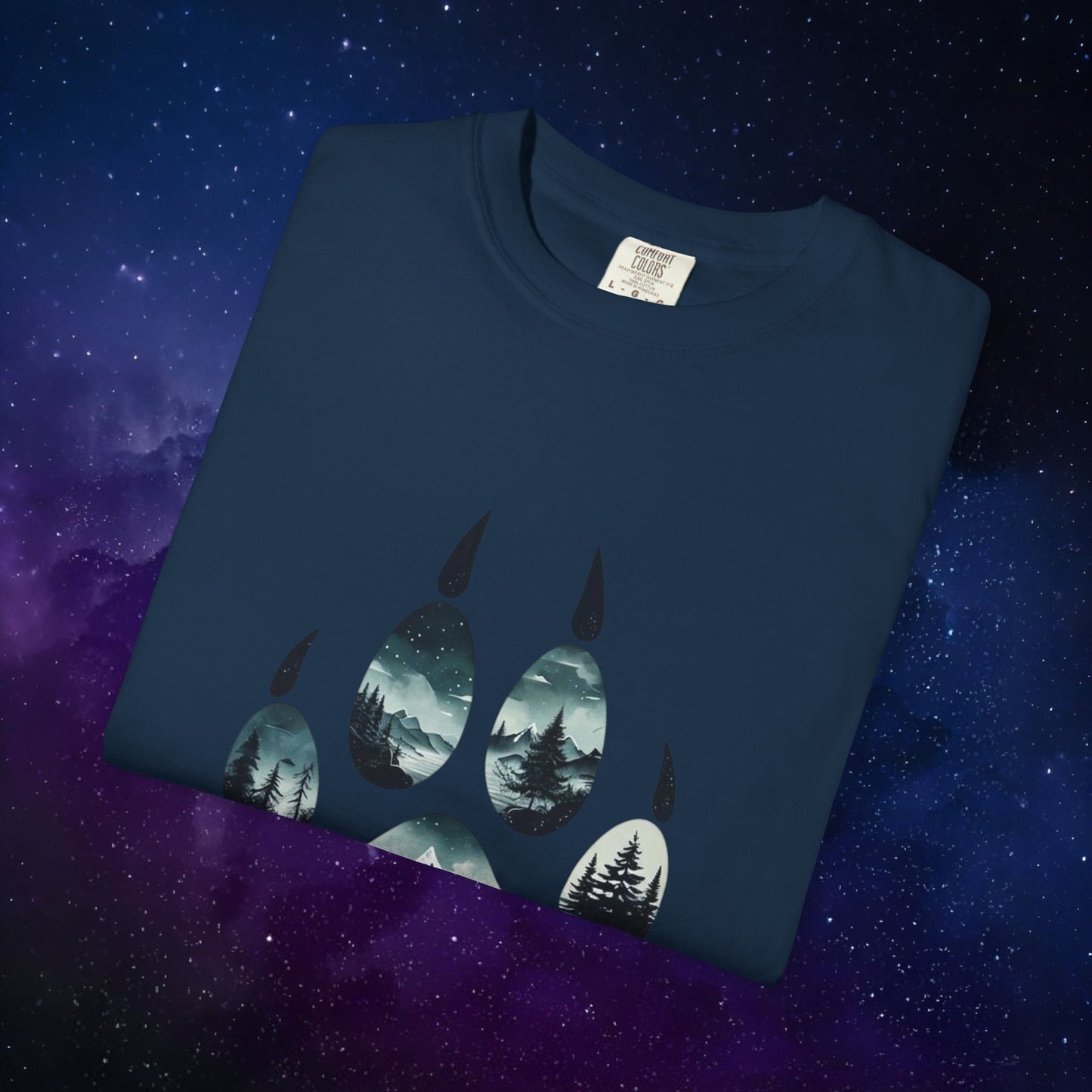 Mystic Wolf Paw Wilderness T-shirt -Night Landscape Graphic Tee, Nature Adventure Apparel for Hikers & Outdoor Lovers - Ethereal Mountain Print