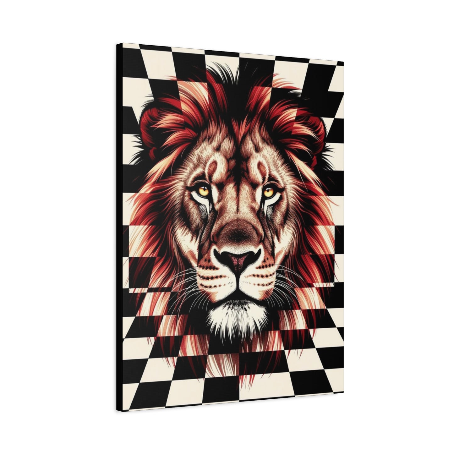 Lion Canvas Wall Art - Red Mane Checkered Design (8”-60” Sizes) Canvas Print
