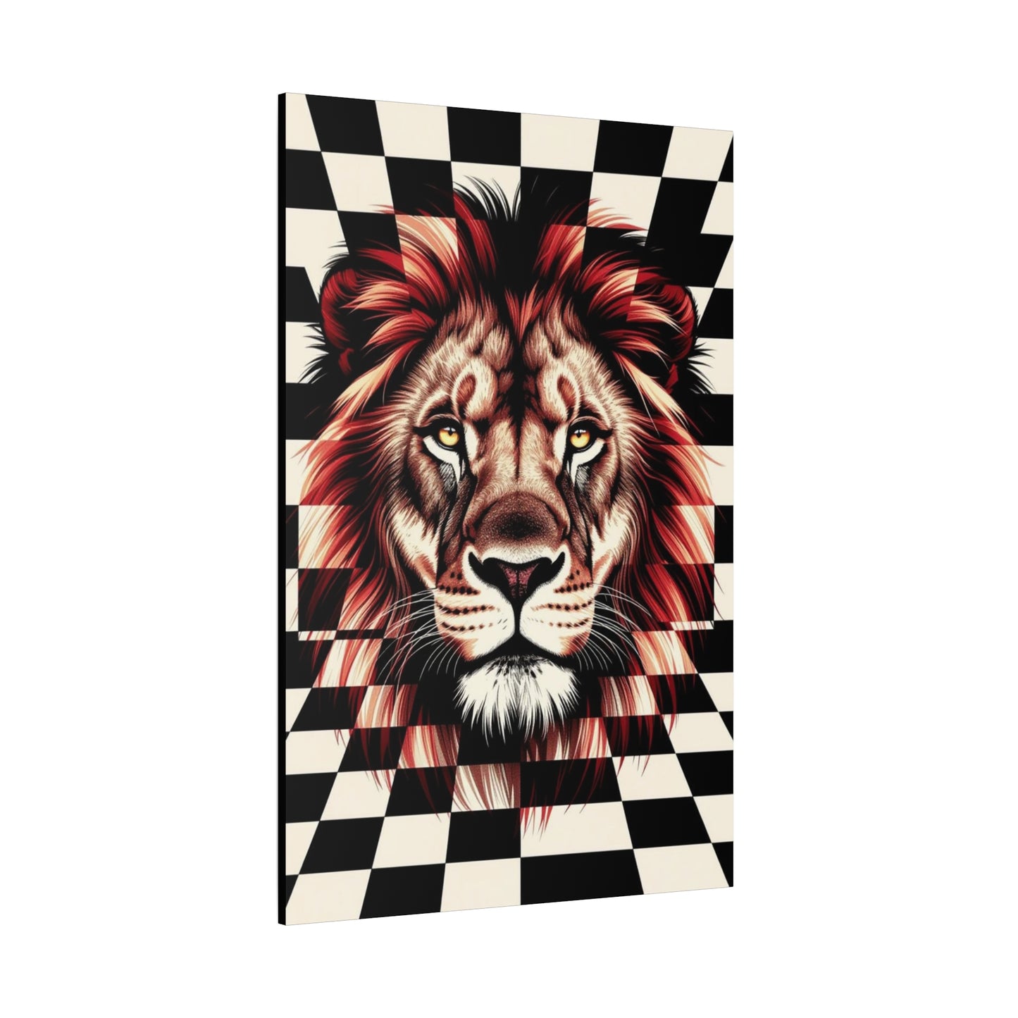 Lion Canvas Wall Art - Red Mane Checkered Design (8”-60” Sizes) Canvas Print