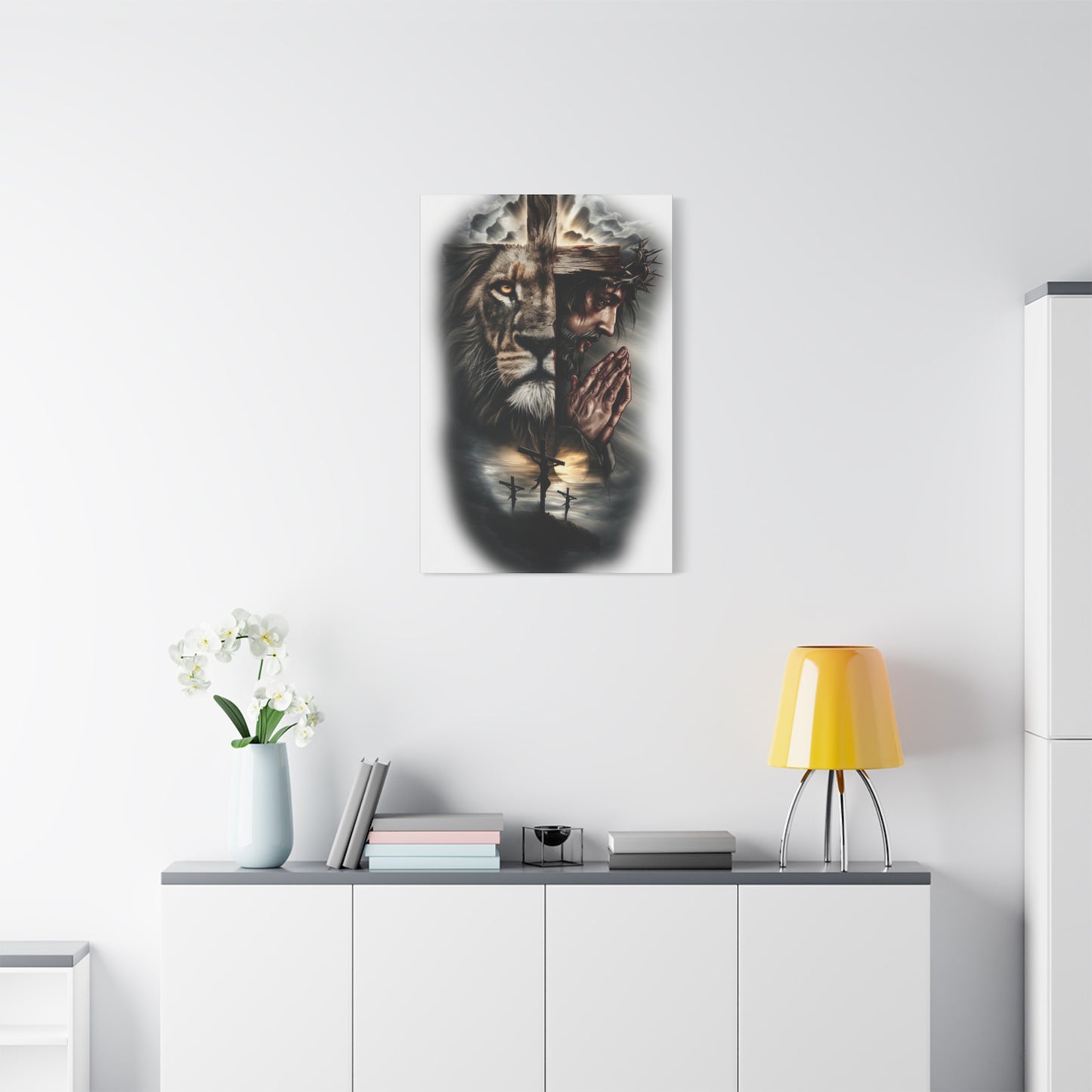 Christian Lion of Judah Canvas Wall Art – Jesus Praying Cross Triptych Matte Stretched