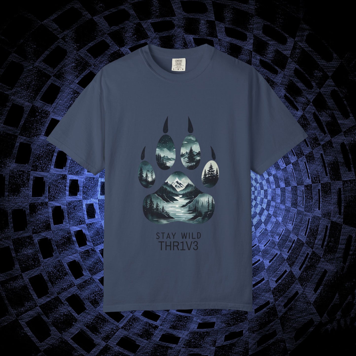 Mystic Wolf Paw Wilderness T-shirt -Night Landscape Graphic Tee, Nature Adventure Apparel for Hikers & Outdoor Lovers - Ethereal Mountain Print