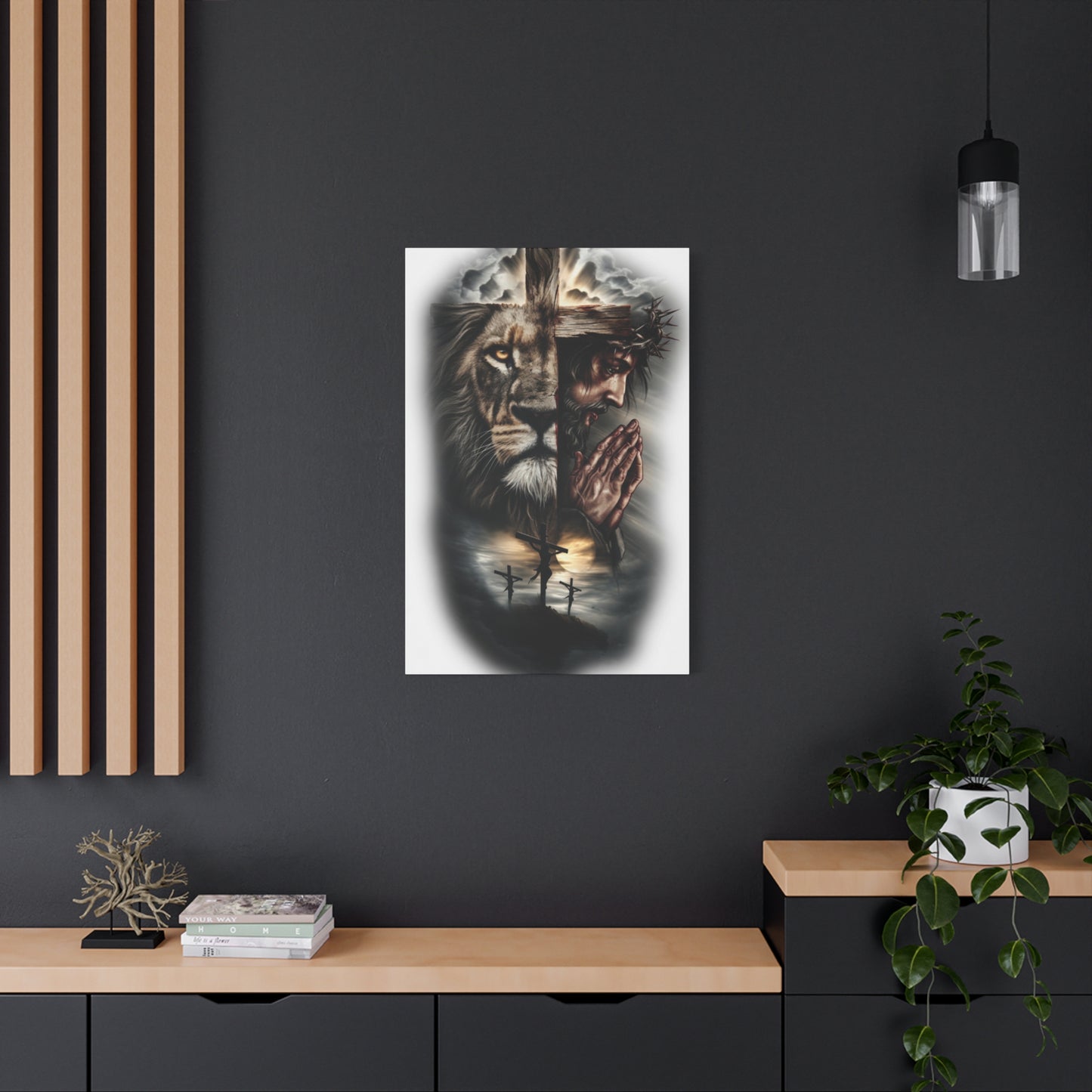 Christian Lion of Judah Canvas Wall Art – Jesus Praying Cross Triptych Matte Stretched
