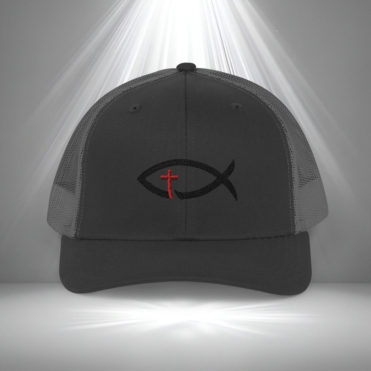 Christian Ichthys Fish Snapback Trucker Cap — Cross Embroidered Faith Hat