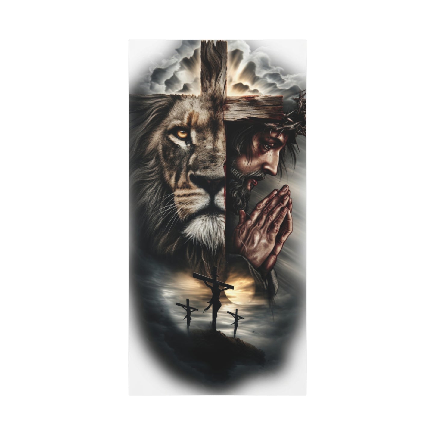 Christian Lion of Judah Canvas Wall Art – Jesus Praying Cross Triptych Matte Stretched