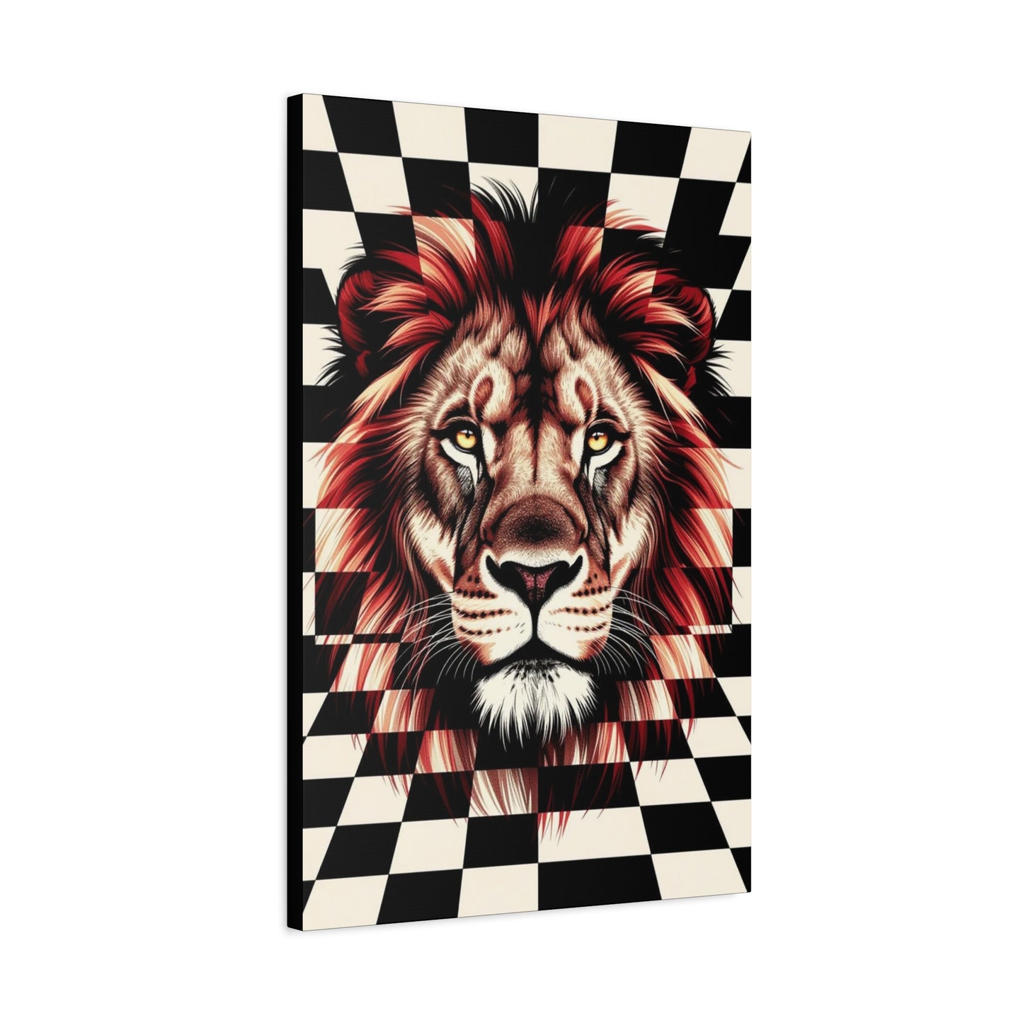 Lion Canvas Wall Art - Red Mane Checkered Design (8”-60” Sizes) Canvas Print