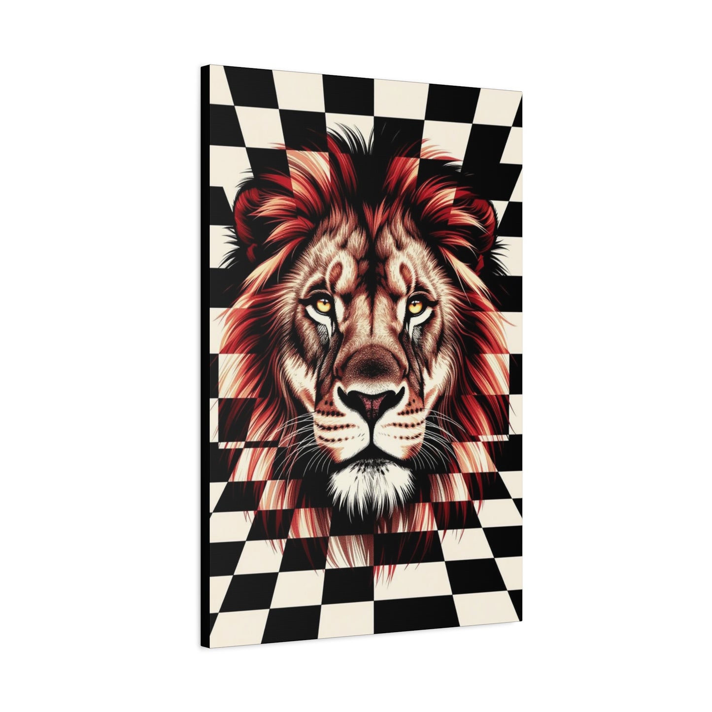 Lion Canvas Wall Art - Red Mane Checkered Design (8”-60” Sizes) Canvas Print