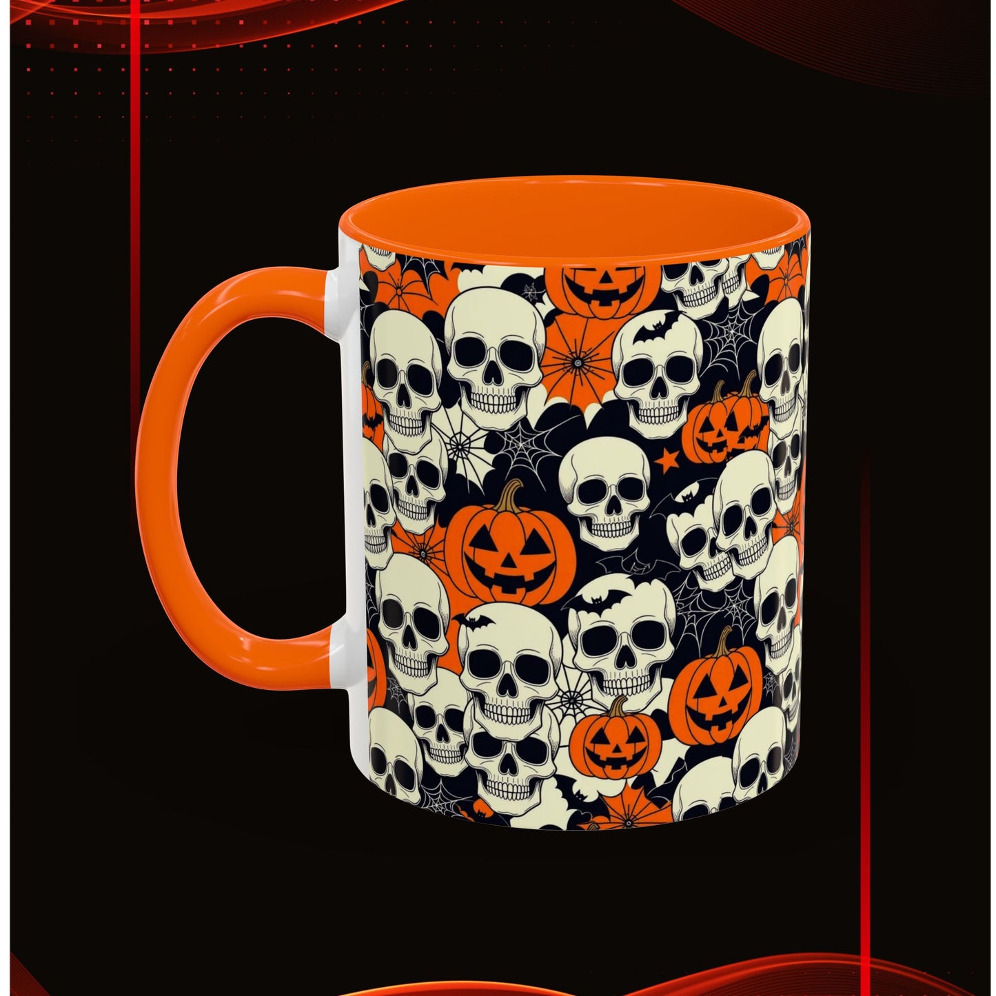 Halloween Skull Accent Coffee Mug (11, 15oz) - Spooky Gift, Witchy Decor, October Celebration, Unique Drinkware, Gothic Kitchen