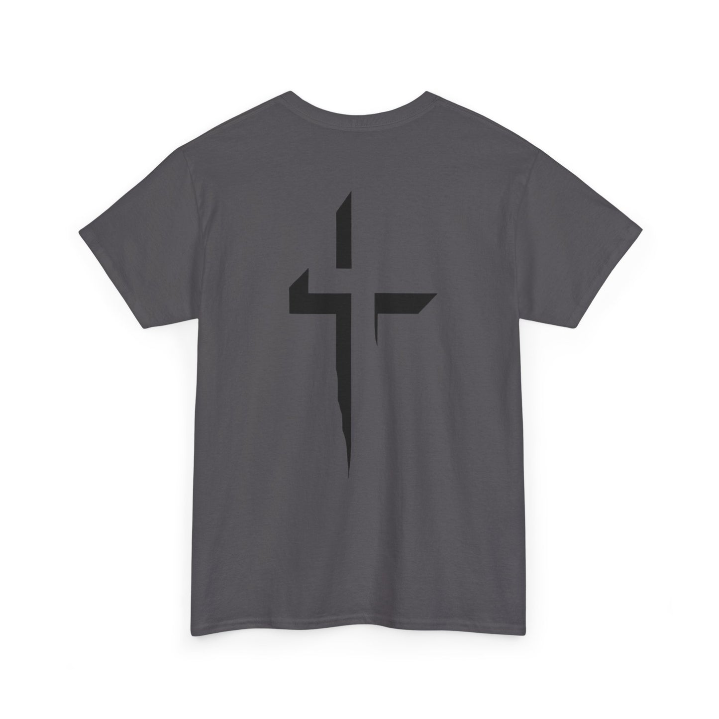 Minimalist Cross Graphic Tee — Small Chest Logo & Large Back Cross