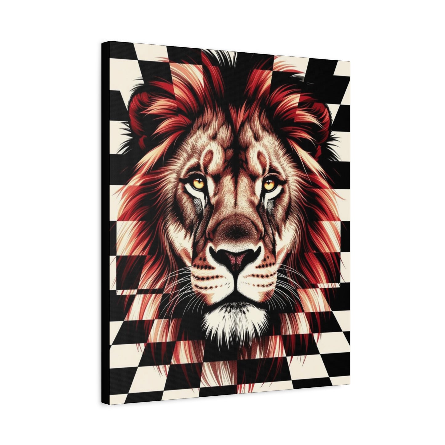 Lion Canvas Wall Art - Red Mane Checkered Design (8”-60” Sizes) Canvas Print