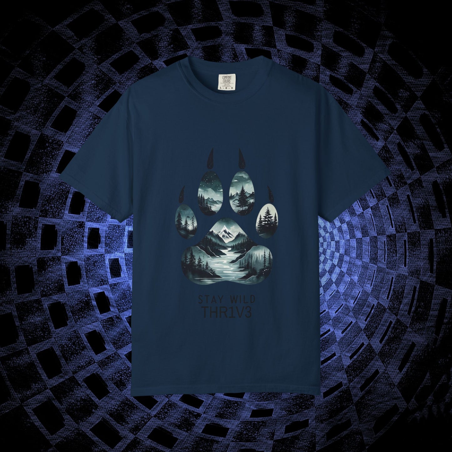 Mystic Wolf Paw Wilderness T-shirt -Night Landscape Graphic Tee, Nature Adventure Apparel for Hikers & Outdoor Lovers - Ethereal Mountain Print