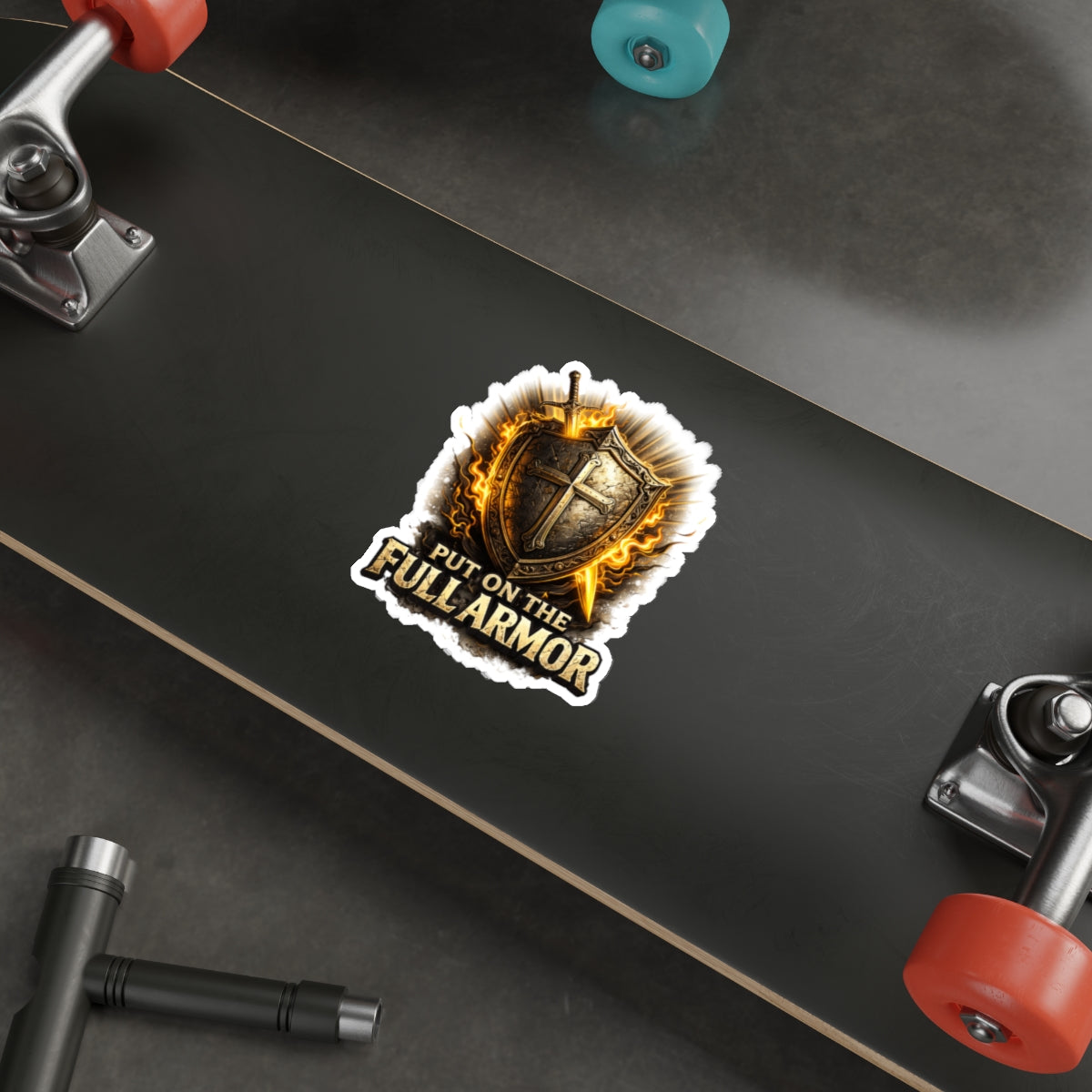 Die-Cut Sticker — “Put On The Full Armor” Christian Shield & Sword Faith Sticker