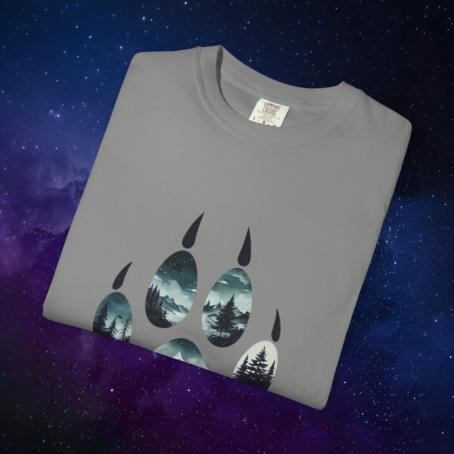 Mystic Wolf Paw Wilderness T-shirt -Night Landscape Graphic Tee, Nature Adventure Apparel for Hikers & Outdoor Lovers - Ethereal Mountain Print