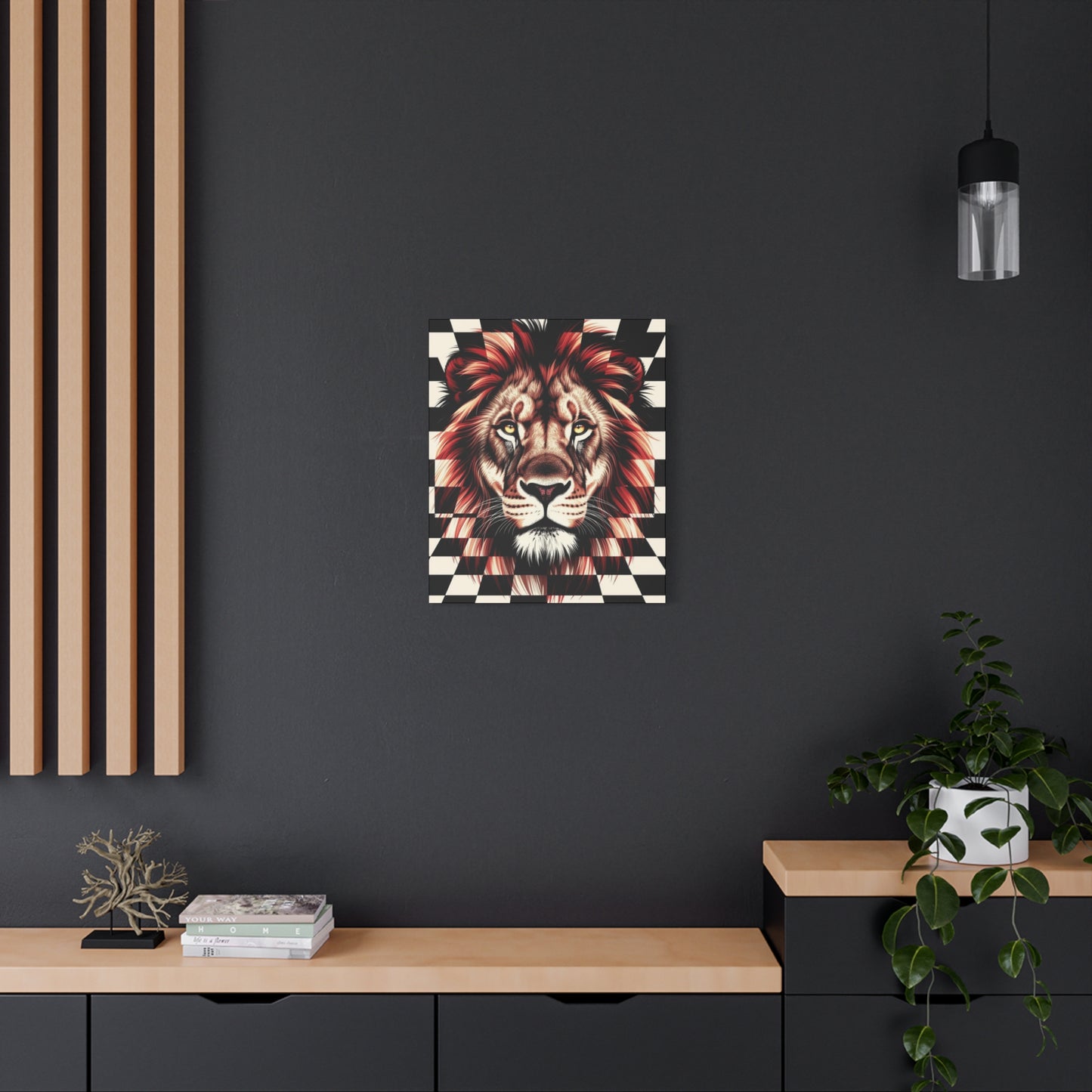 Lion Canvas Wall Art - Red Mane Checkered Design (8”-60” Sizes) Canvas Print