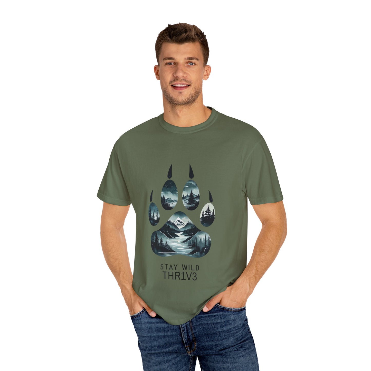 Mystic Wolf Paw Wilderness T-shirt -Night Landscape Graphic Tee, Nature Adventure Apparel for Hikers & Outdoor Lovers - Ethereal Mountain Print