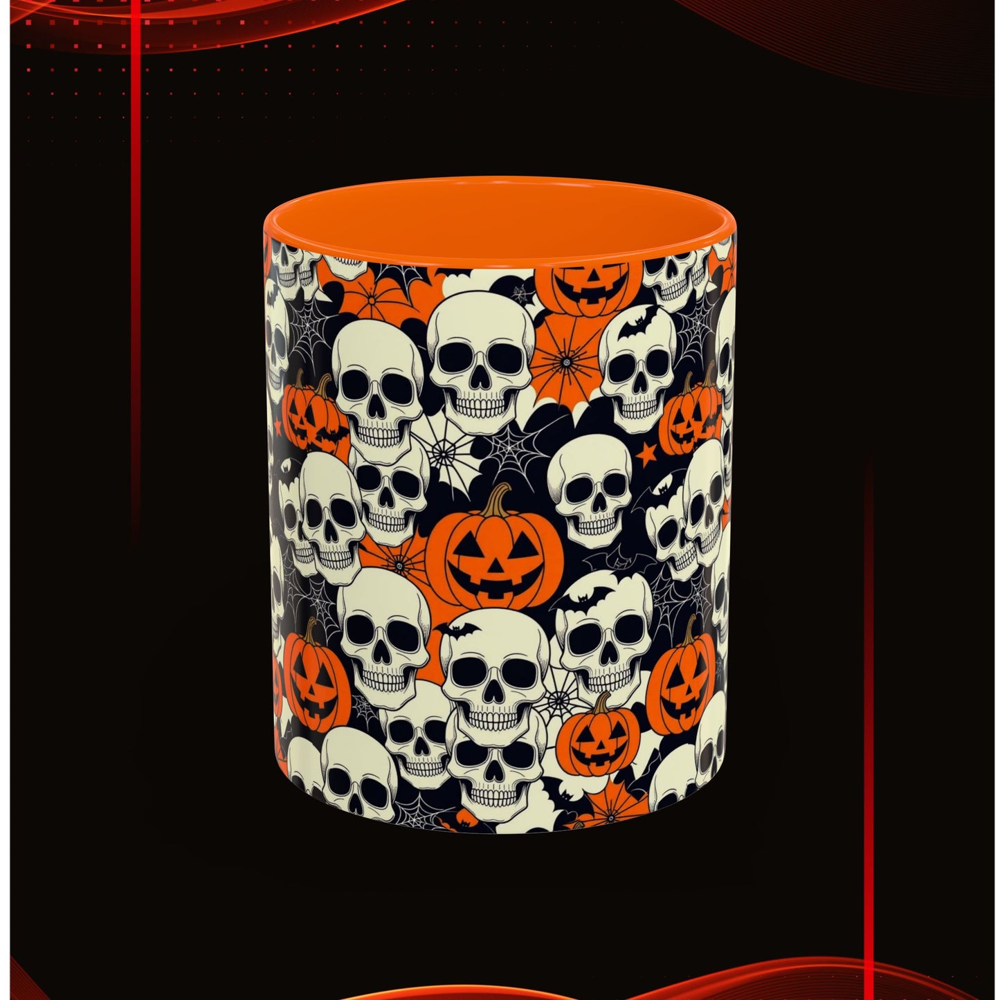 Halloween Skull Accent Coffee Mug (11, 15oz) - Spooky Gift, Witchy Decor, October Celebration, Unique Drinkware, Gothic Kitchen