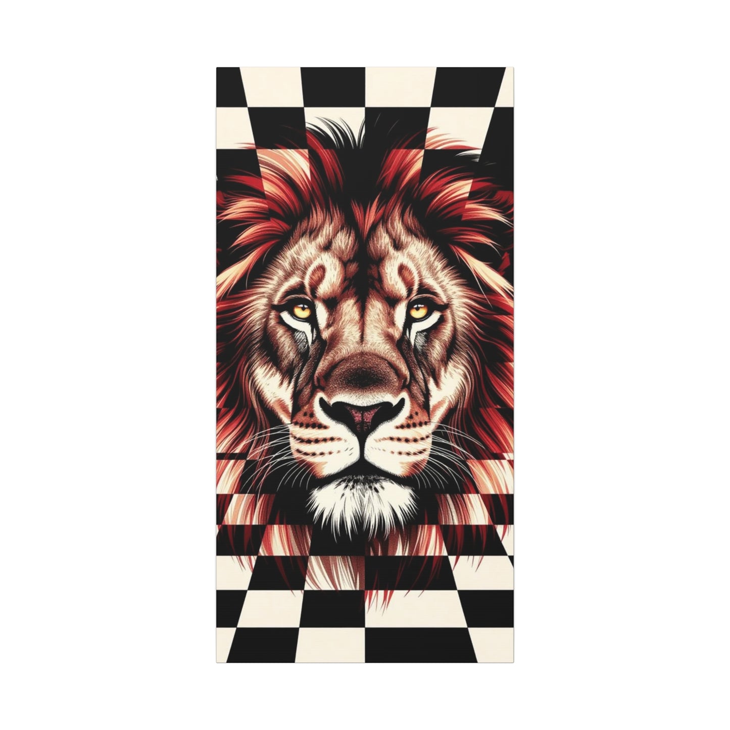 Lion Canvas Wall Art - Red Mane Checkered Design (8”-60” Sizes) Canvas Print