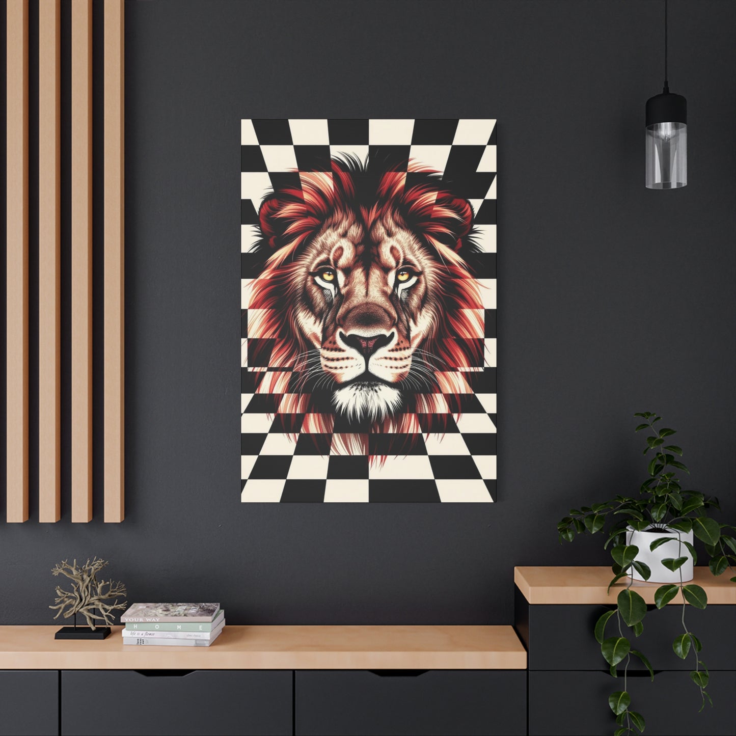 Lion Canvas Wall Art - Red Mane Checkered Design (8”-60” Sizes) Canvas Print