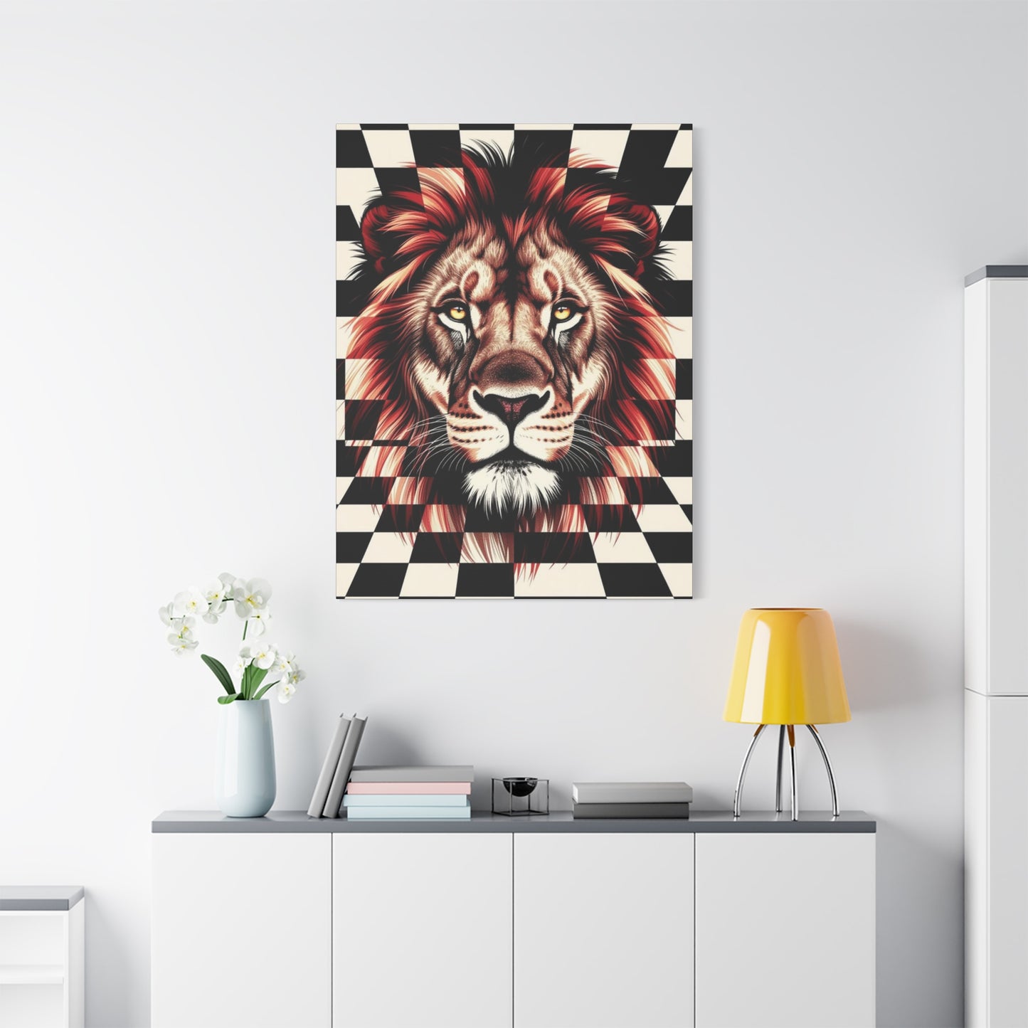 Lion Canvas Wall Art - Red Mane Checkered Design (8”-60” Sizes) Canvas Print