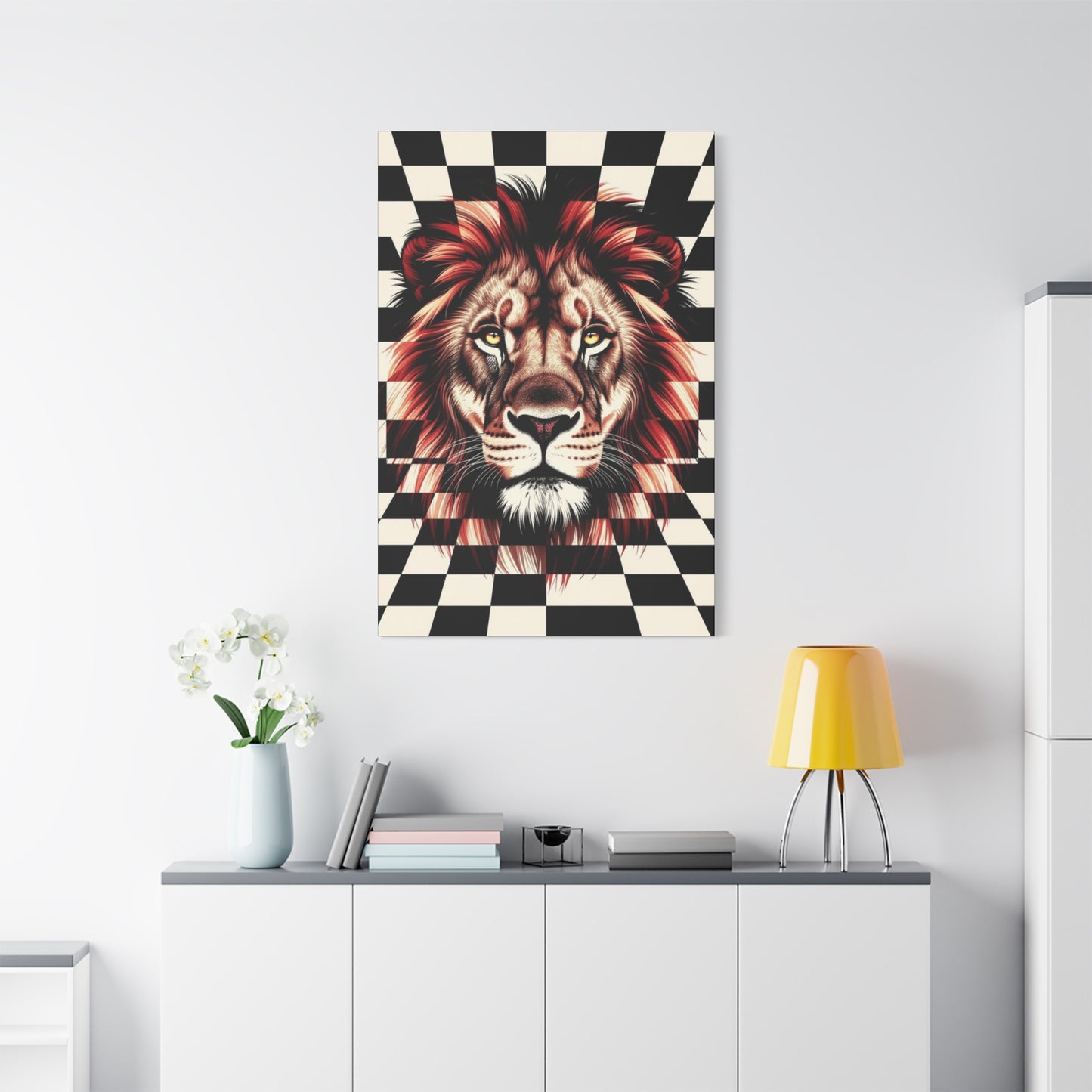 Lion Canvas Wall Art - Red Mane Checkered Design (8”-60” Sizes) Canvas Print