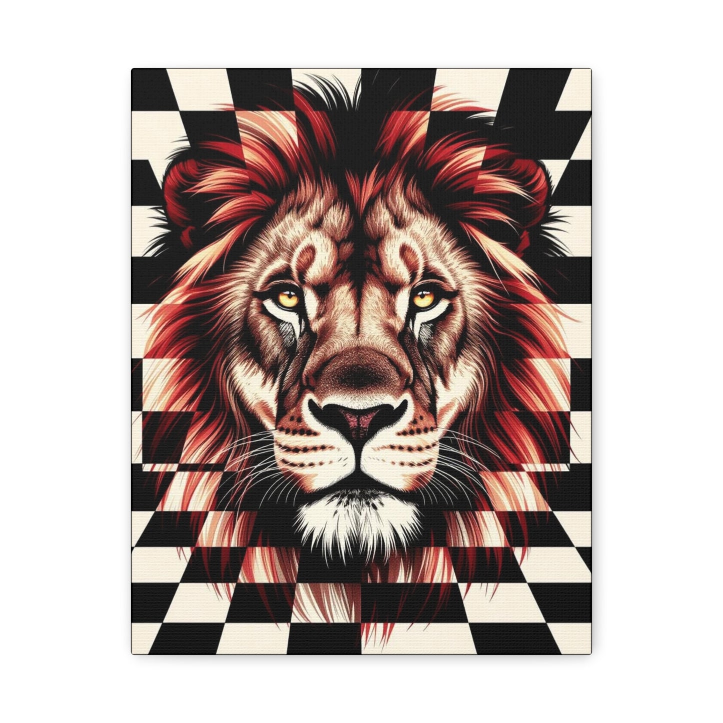 Lion Canvas Wall Art - Red Mane Checkered Design (8”-60” Sizes) Canvas Print