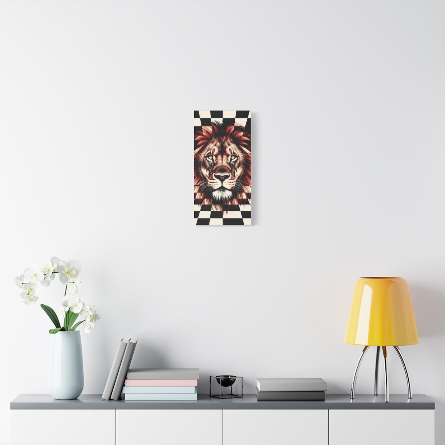 Lion Canvas Wall Art - Red Mane Checkered Design (8”-60” Sizes) Canvas Print