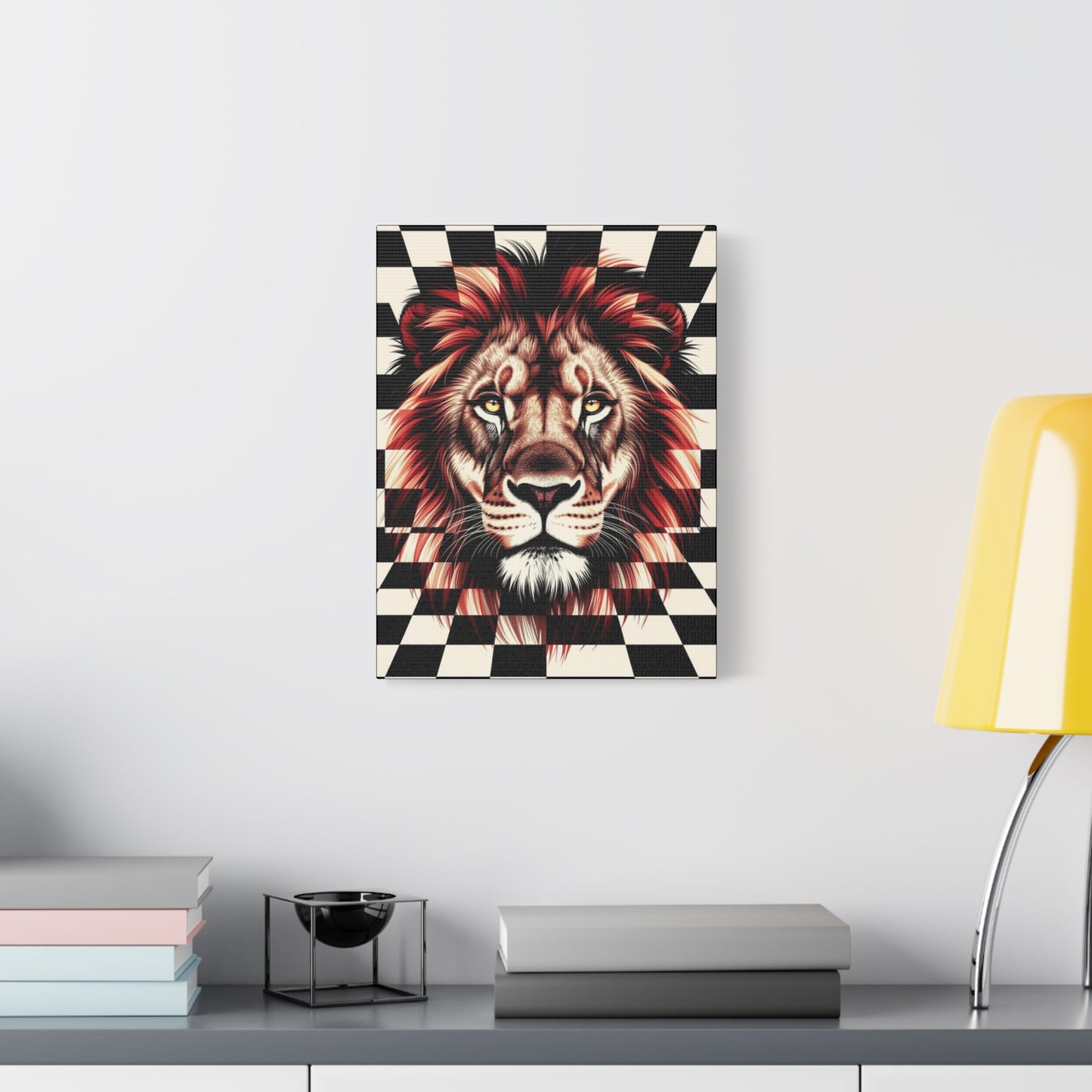 Lion Canvas Wall Art - Red Mane Checkered Design (8”-60” Sizes) Canvas Print