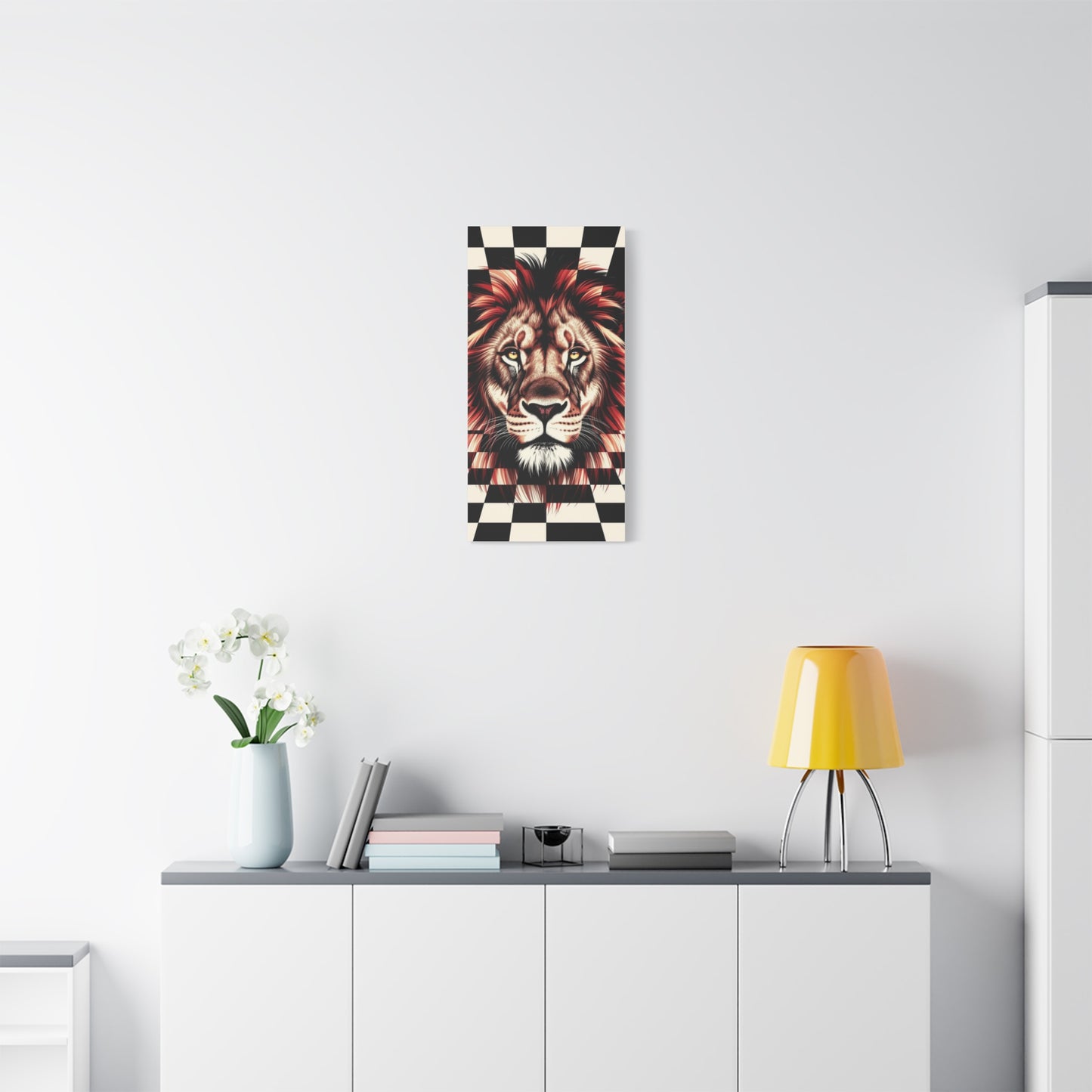 Lion Canvas Wall Art - Red Mane Checkered Design (8”-60” Sizes) Canvas Print