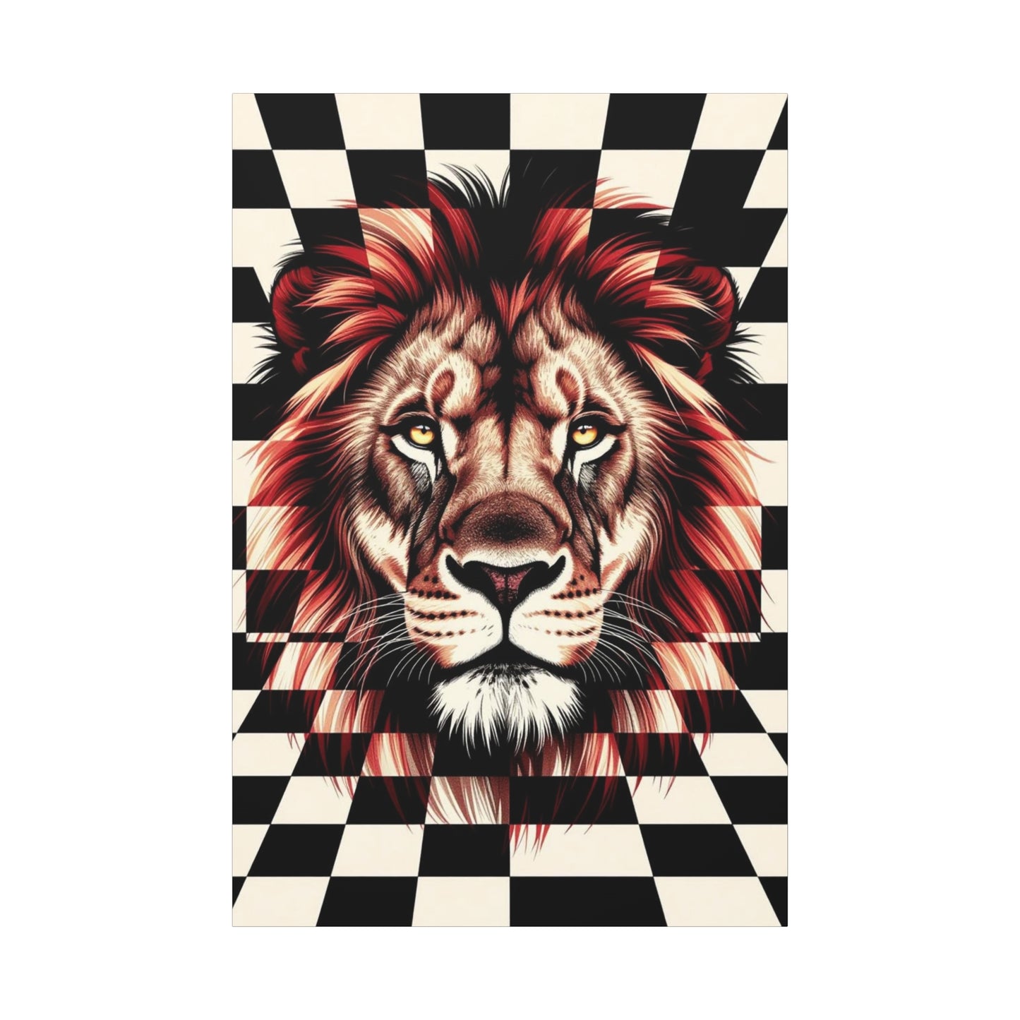 Lion Canvas Wall Art - Red Mane Checkered Design (8”-60” Sizes) Canvas Print