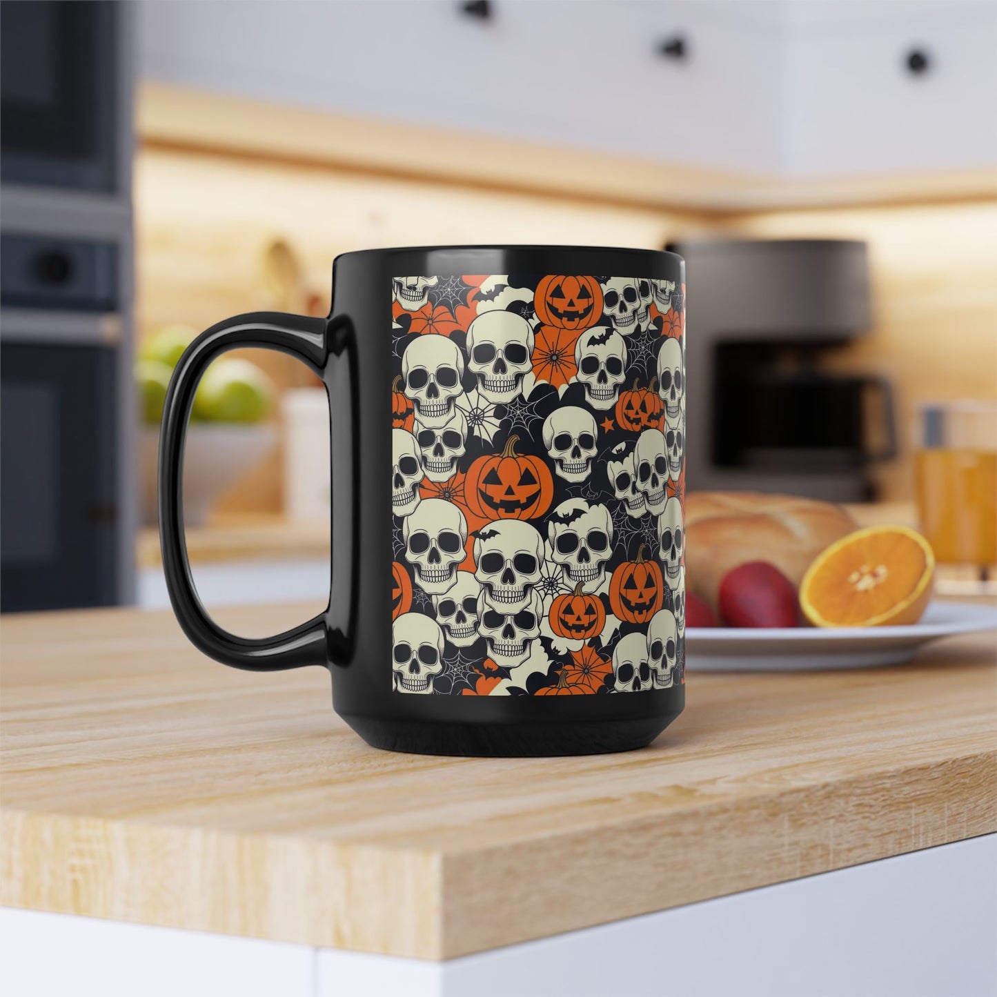 Halloween Mug, 15oz - Skulls Pumpkins Bats Black