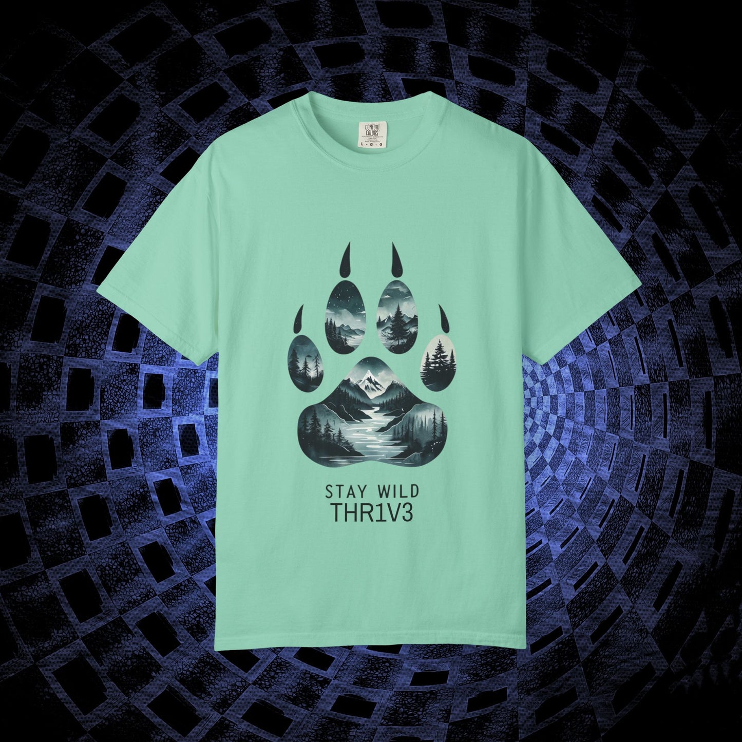 Mystic Wolf Paw Wilderness T-shirt -Night Landscape Graphic Tee, Nature Adventure Apparel for Hikers & Outdoor Lovers - Ethereal Mountain Print