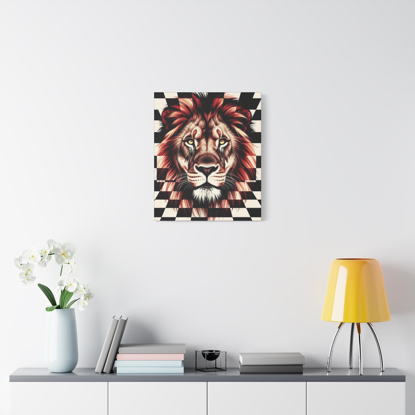 Lion Canvas Wall Art - Red Mane Checkered Design (8”-60” Sizes) Canvas Print