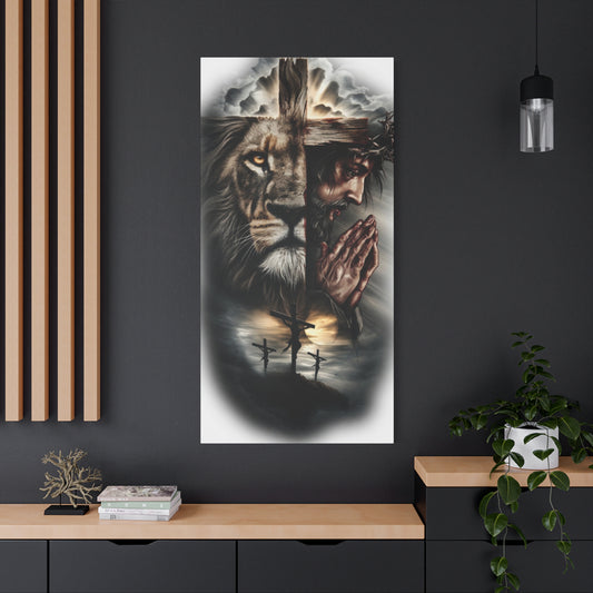 Christian Lion of Judah Canvas Wall Art – Jesus Praying Cross Triptych Matte Stretched