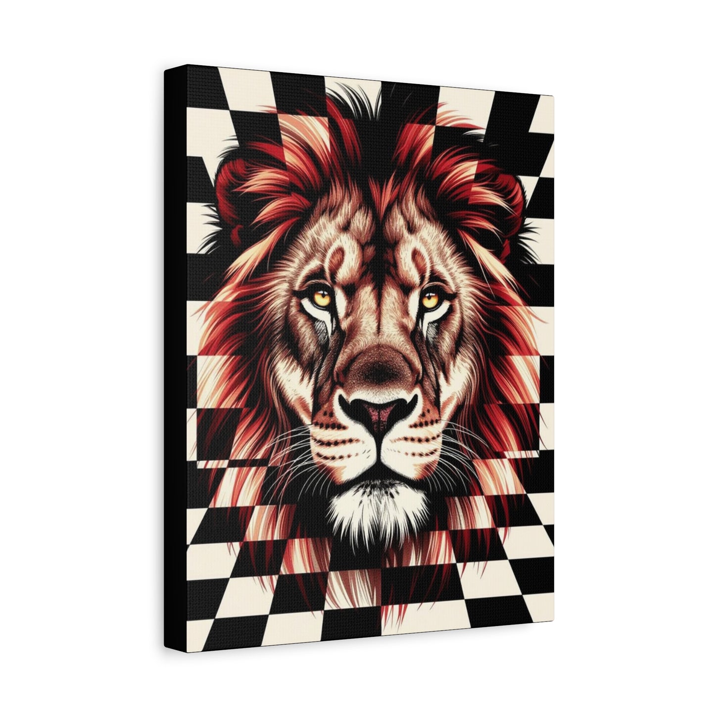 Lion Canvas Wall Art - Red Mane Checkered Design (8”-60” Sizes) Canvas Print