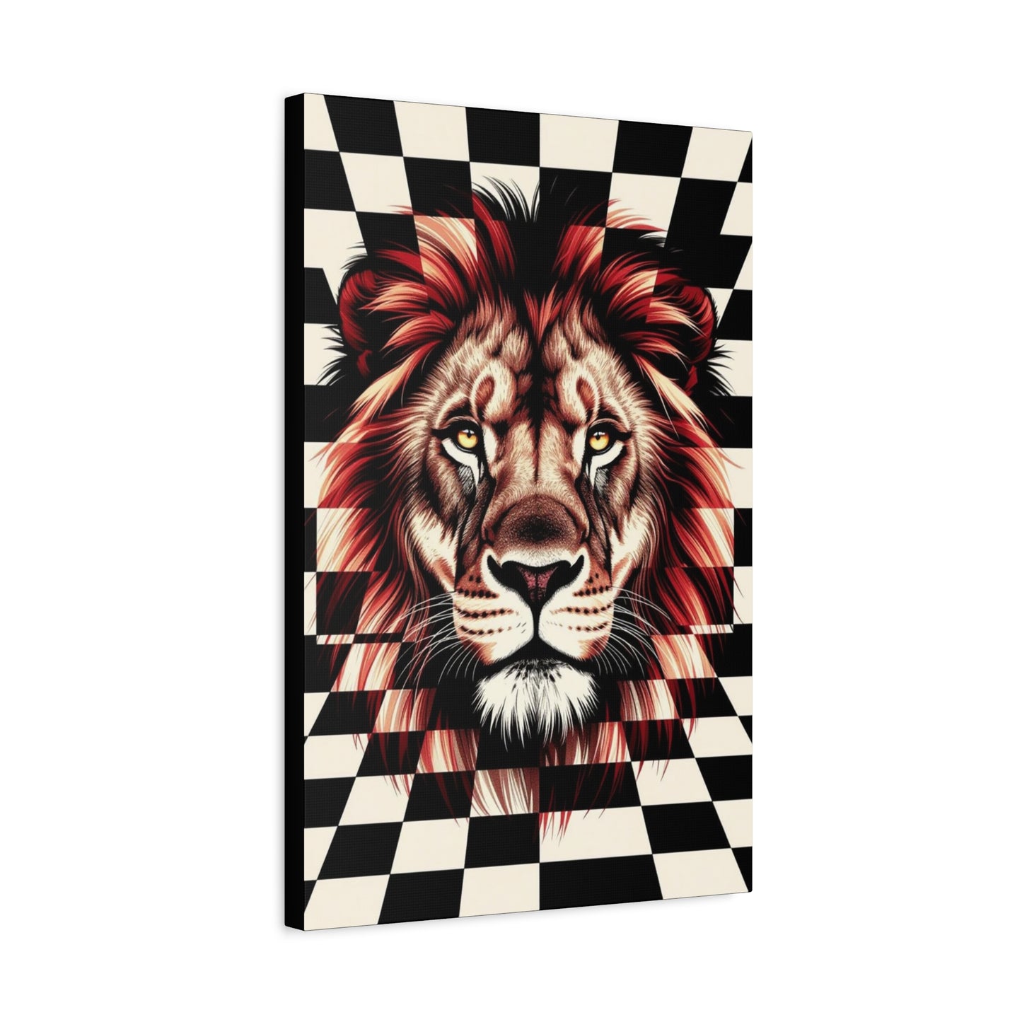 Lion Canvas Wall Art - Red Mane Checkered Design (8”-60” Sizes) Canvas Print